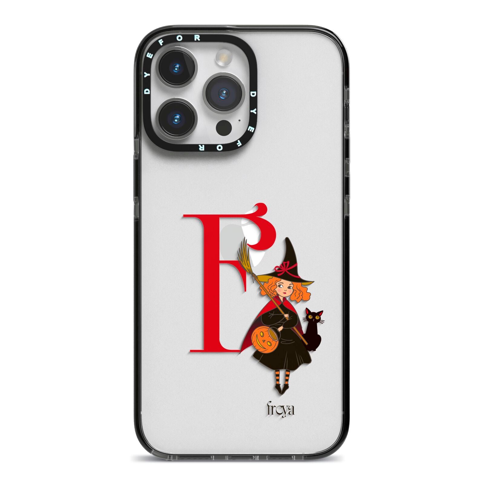 Monogram Witch iPhone 14 Pro Max Black Impact Case on Silver phone