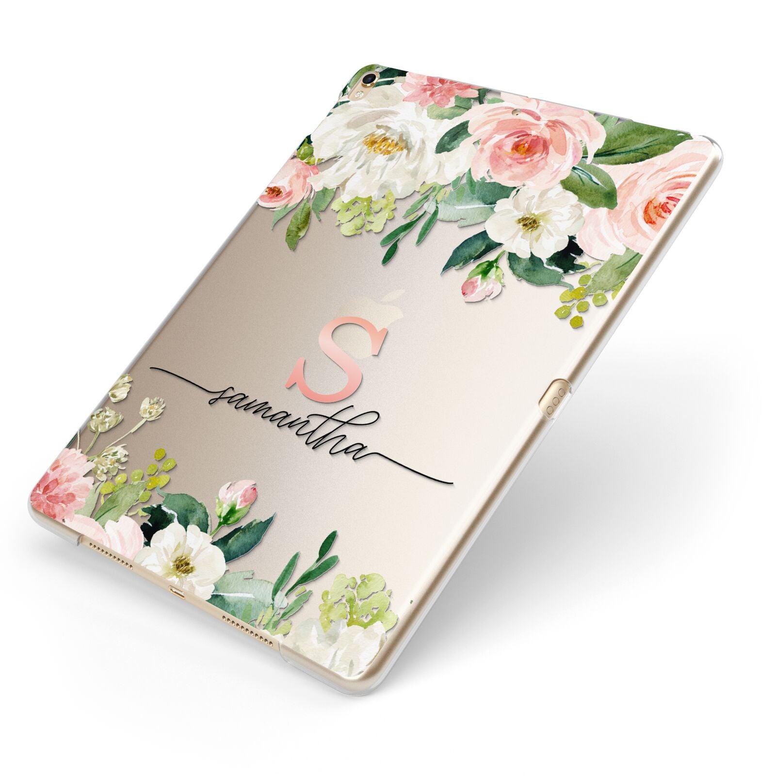 Monogrammed Floral Roses Apple iPad Case on Gold iPad Side View