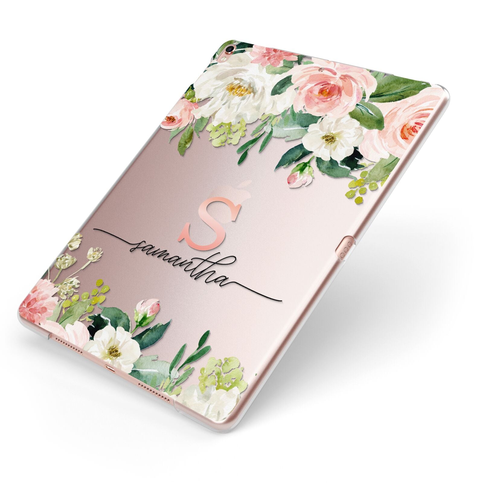 Monogrammed Floral Roses Apple iPad Case on Rose Gold iPad Side View
