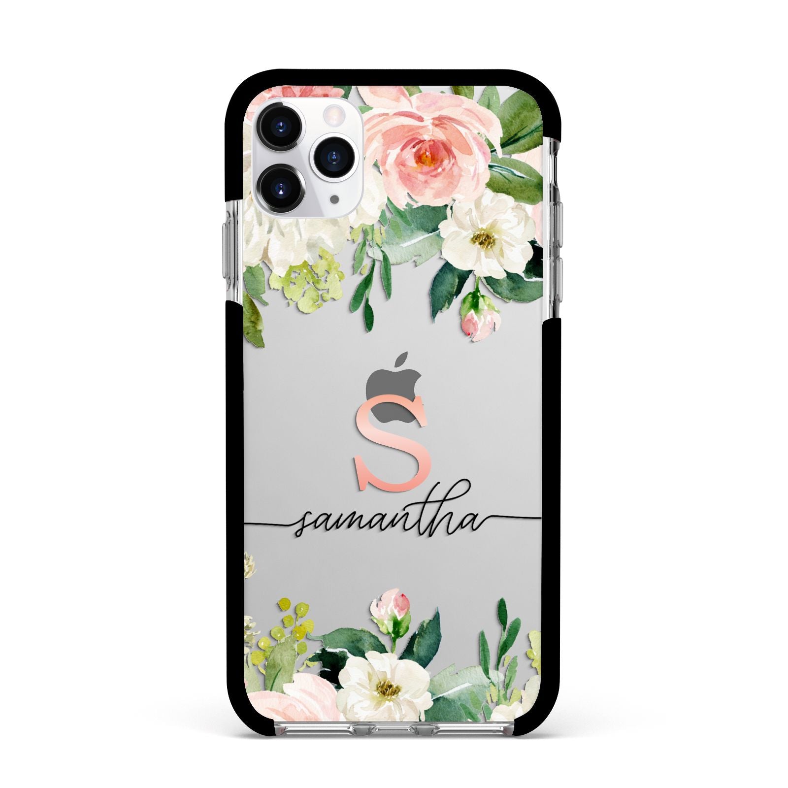 Monogrammed Floral Roses Apple iPhone 11 Pro Max in Silver with Black Impact Case