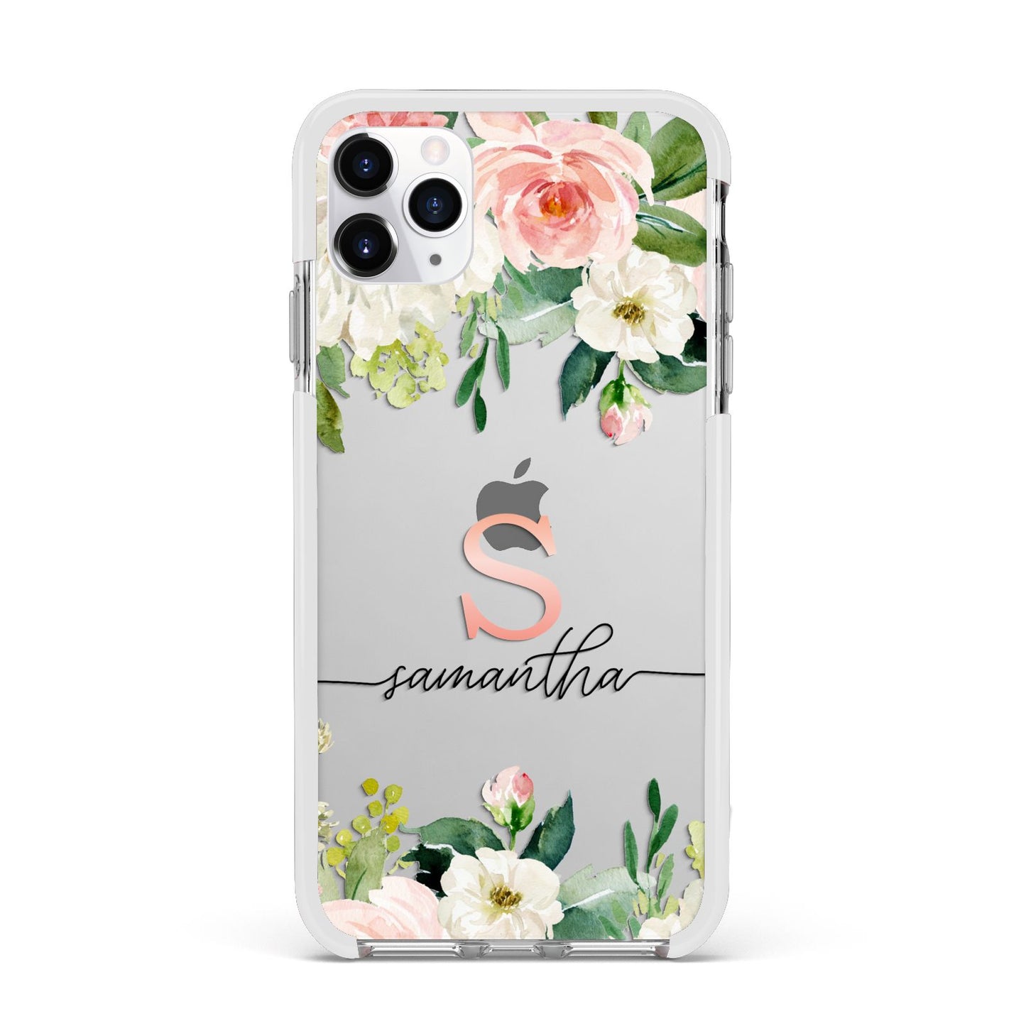Monogrammed Floral Roses Apple iPhone 11 Pro Max in Silver with White Impact Case