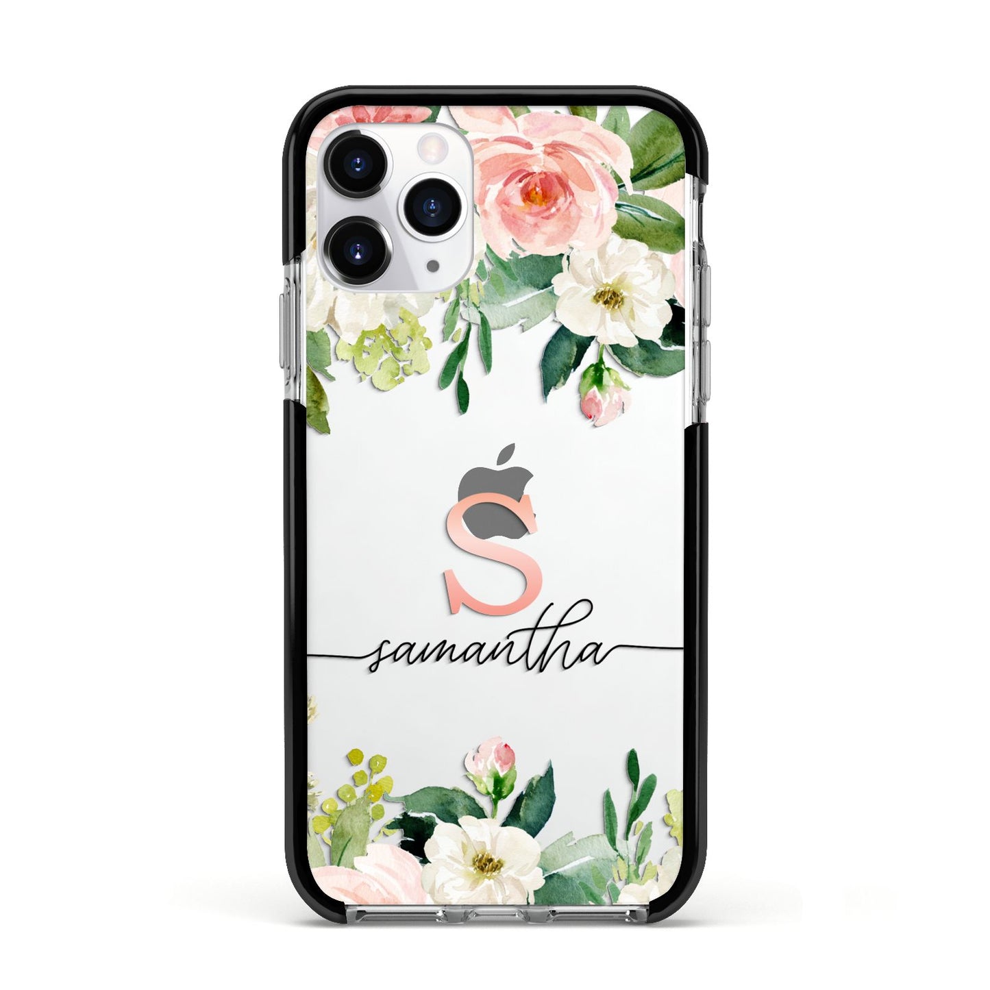 Monogrammed Floral Roses Apple iPhone 11 Pro in Silver with Black Impact Case