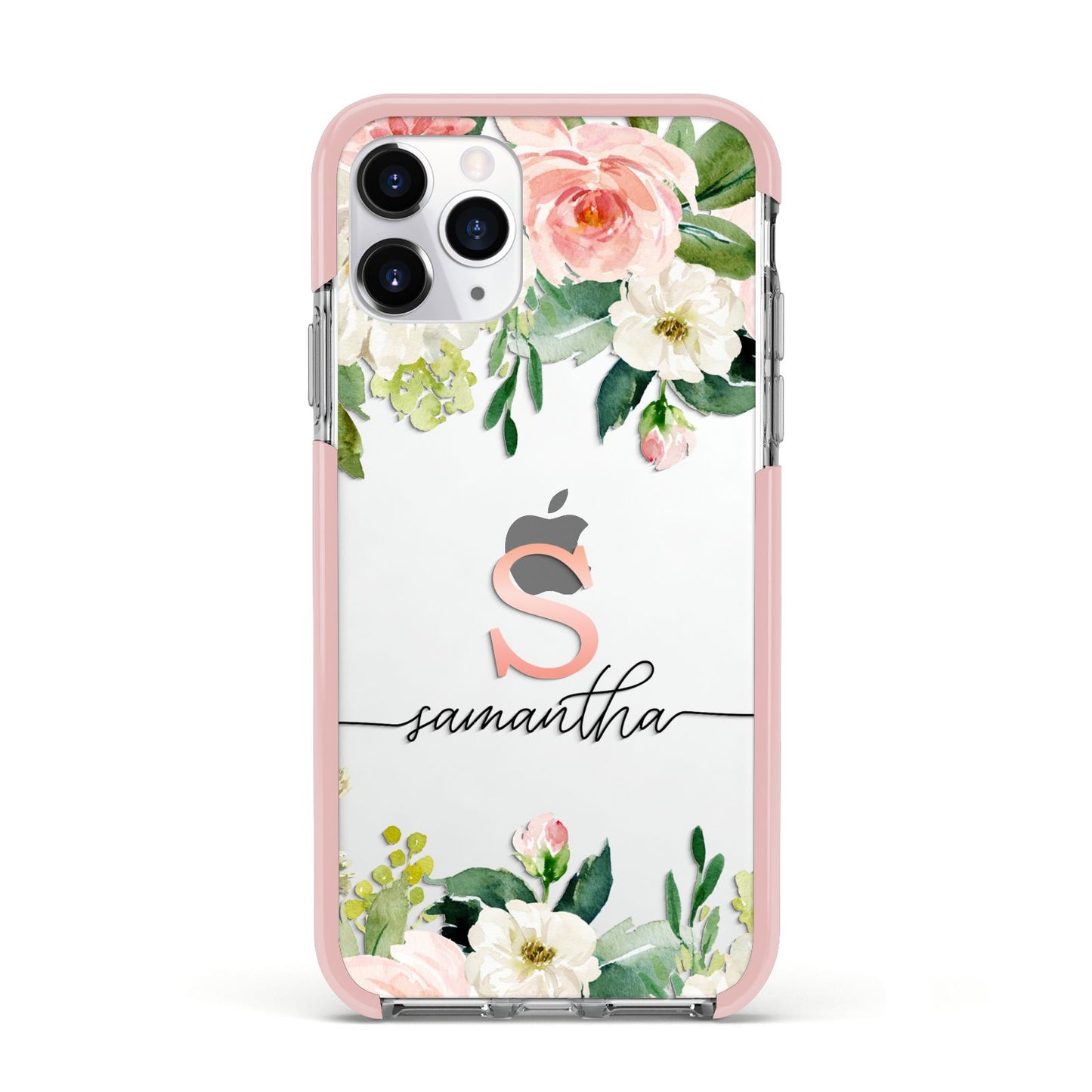 Monogrammed Floral Roses Apple iPhone 11 Pro in Silver with Pink Impact Case