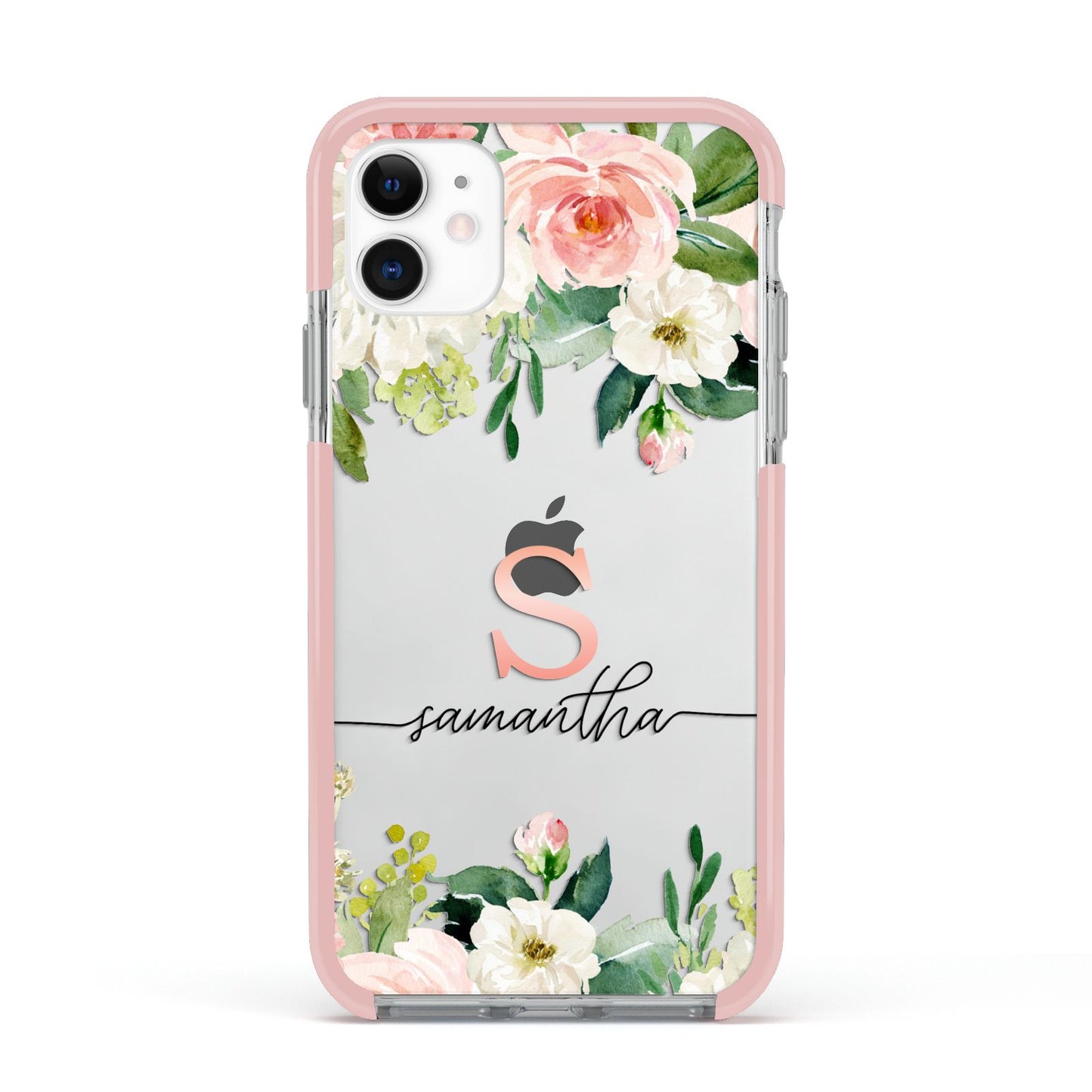 Monogrammed Floral Roses Apple iPhone 11 in White with Pink Impact Case