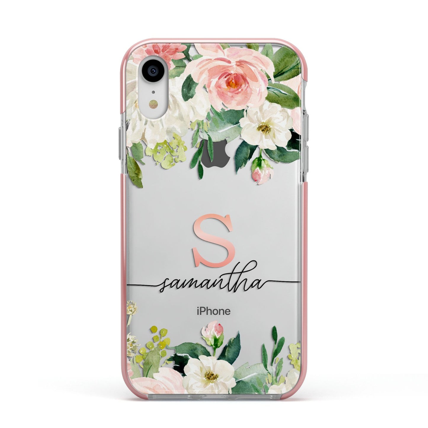 Monogrammed Floral Roses Apple iPhone XR Impact Case Pink Edge on Silver Phone