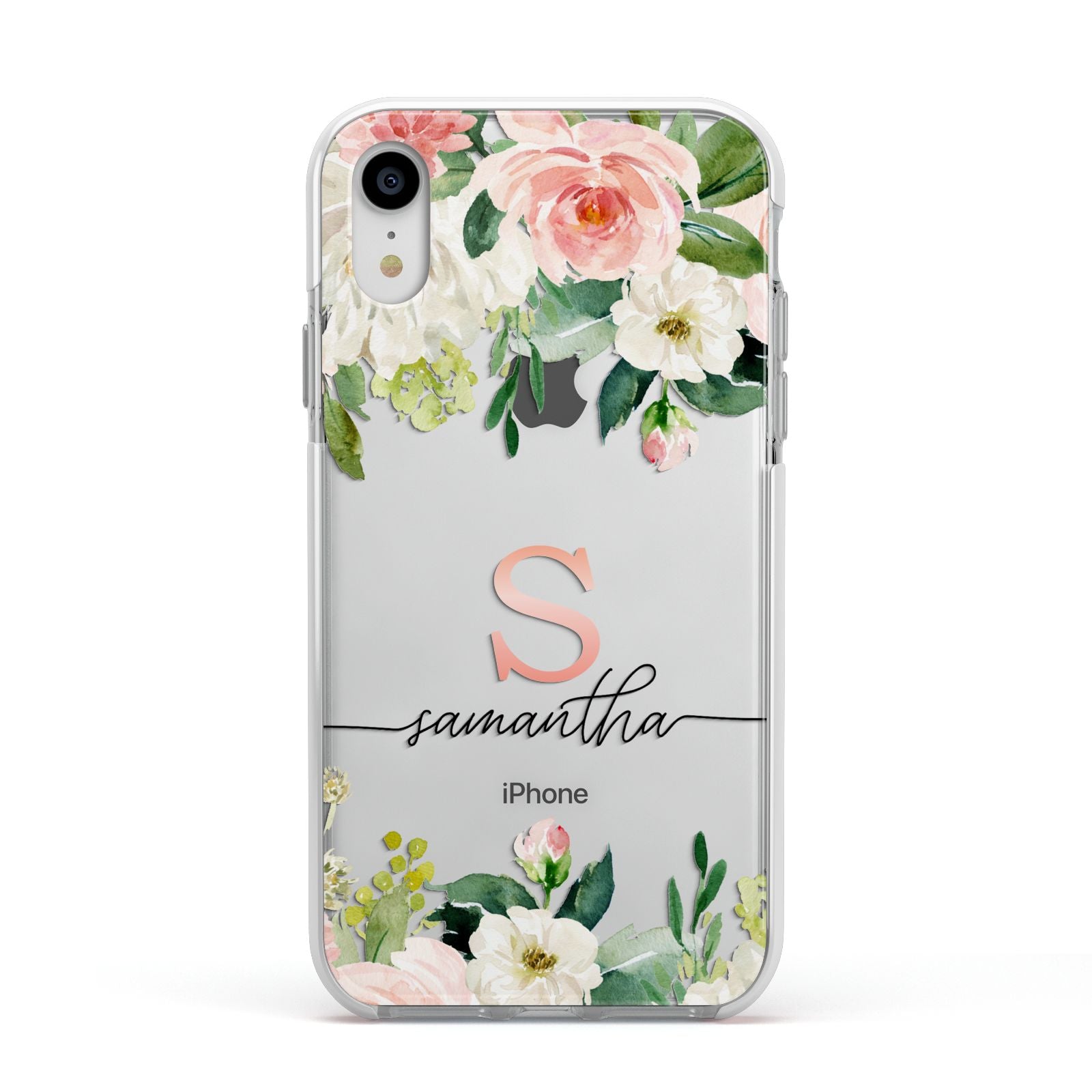 Monogrammed Floral Roses Apple iPhone XR Impact Case White Edge on Silver Phone