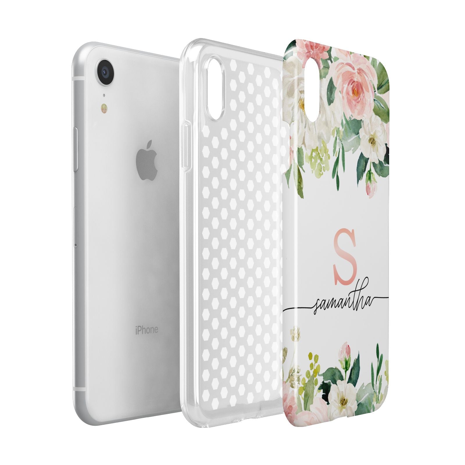 Monogrammed Floral Roses Apple iPhone XR White 3D Tough Case Expanded view