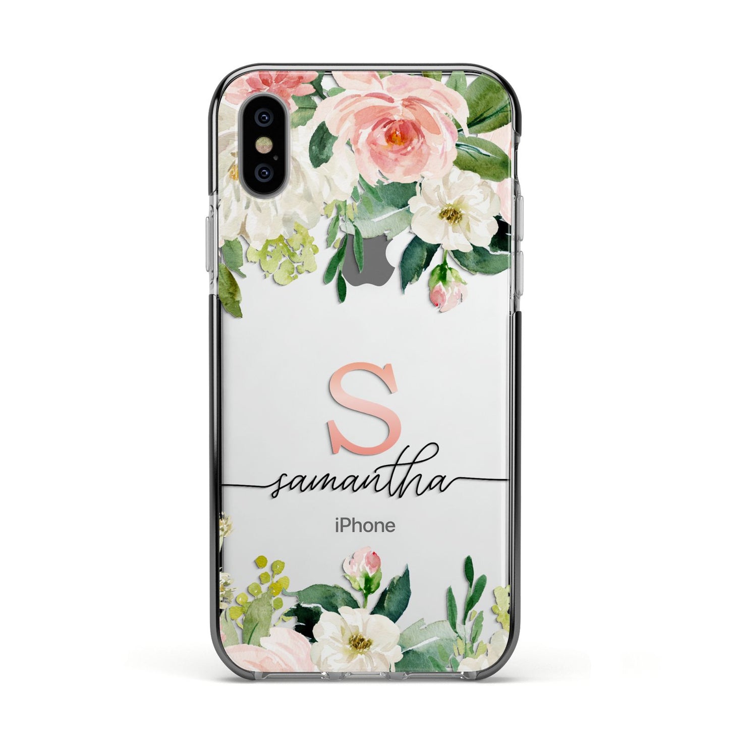Monogrammed Floral Roses Apple iPhone Xs Impact Case Black Edge on Silver Phone