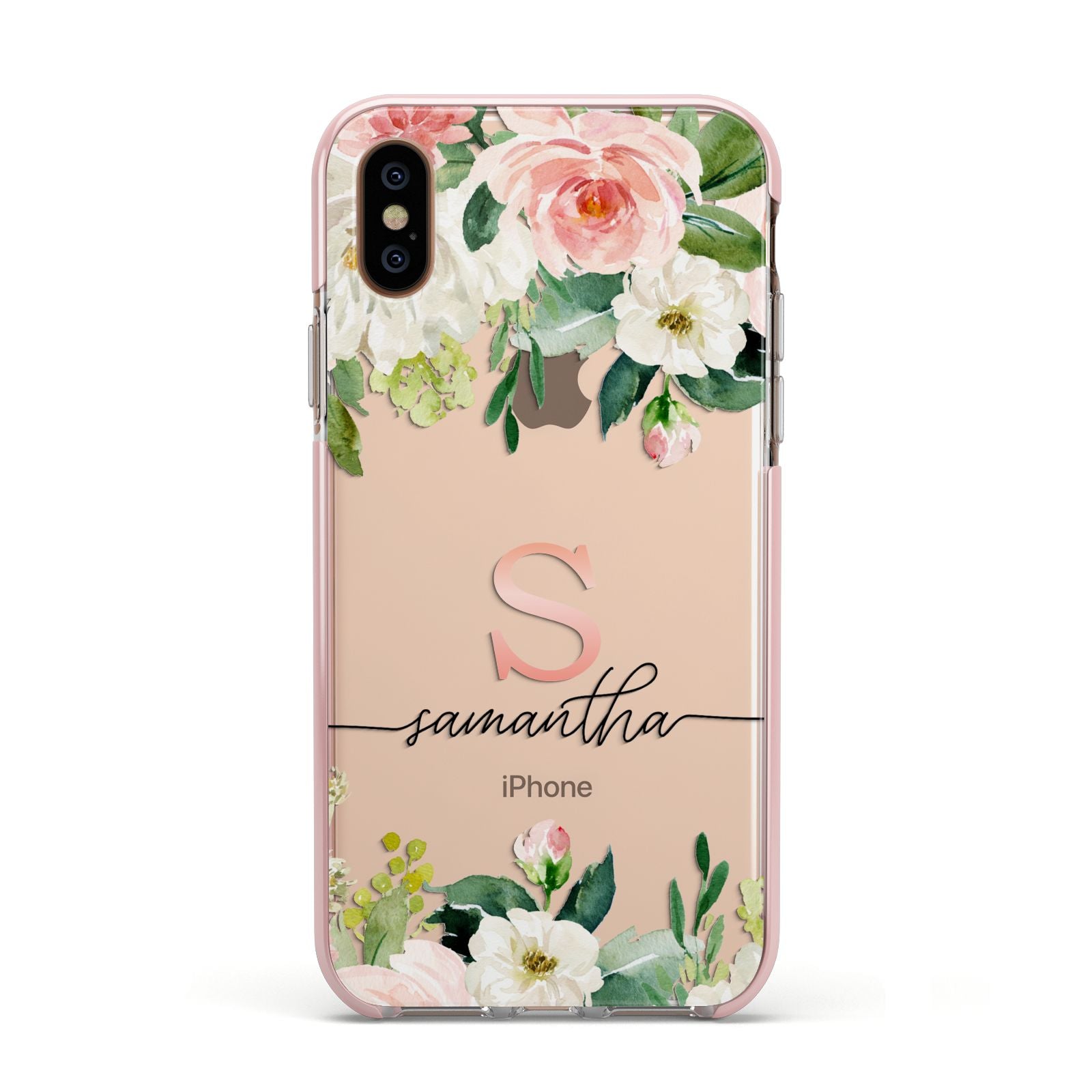 Monogrammed Floral Roses Apple iPhone Xs Impact Case Pink Edge on Gold Phone