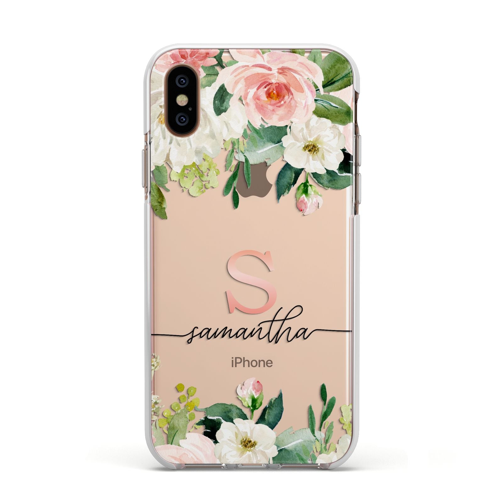 Monogrammed Floral Roses Apple iPhone Xs Impact Case White Edge on Gold Phone