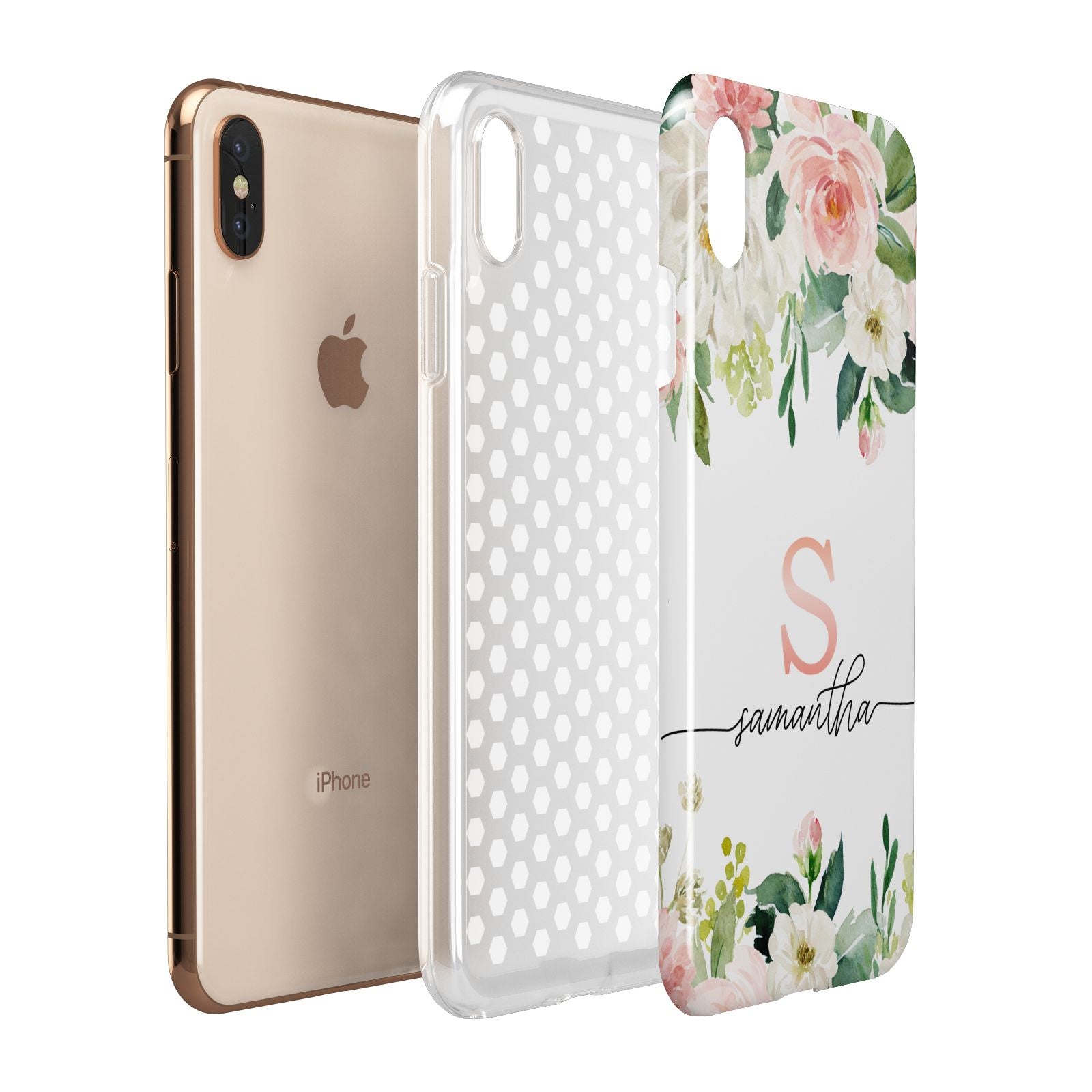 Monogrammed Floral Roses Apple iPhone Xs Max 3D Tough Case Expanded View