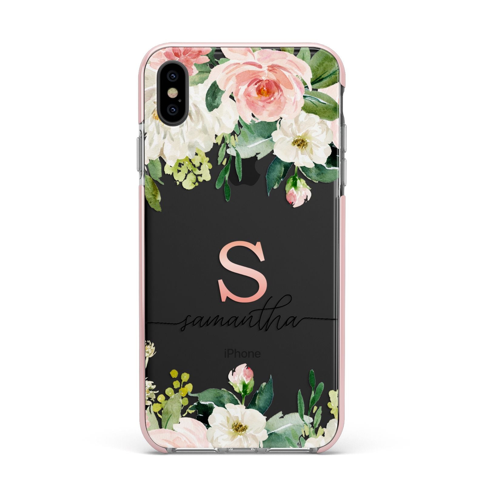 Monogrammed Floral Roses Apple iPhone Xs Max Impact Case Pink Edge on Black Phone