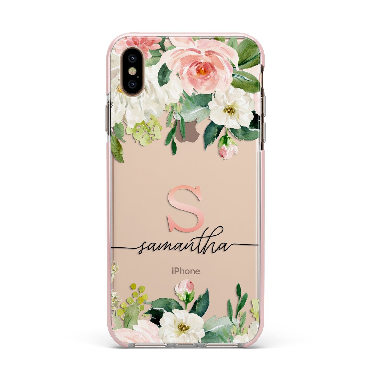 Monogrammed Floral Roses Apple iPhone Xs Max Impact Case Pink Edge on Gold Phone