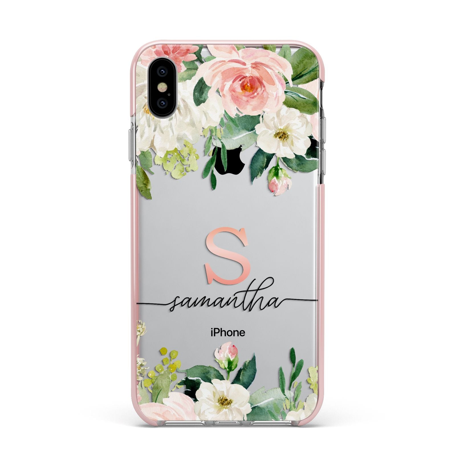 Monogrammed Floral Roses Apple iPhone Xs Max Impact Case Pink Edge on Silver Phone