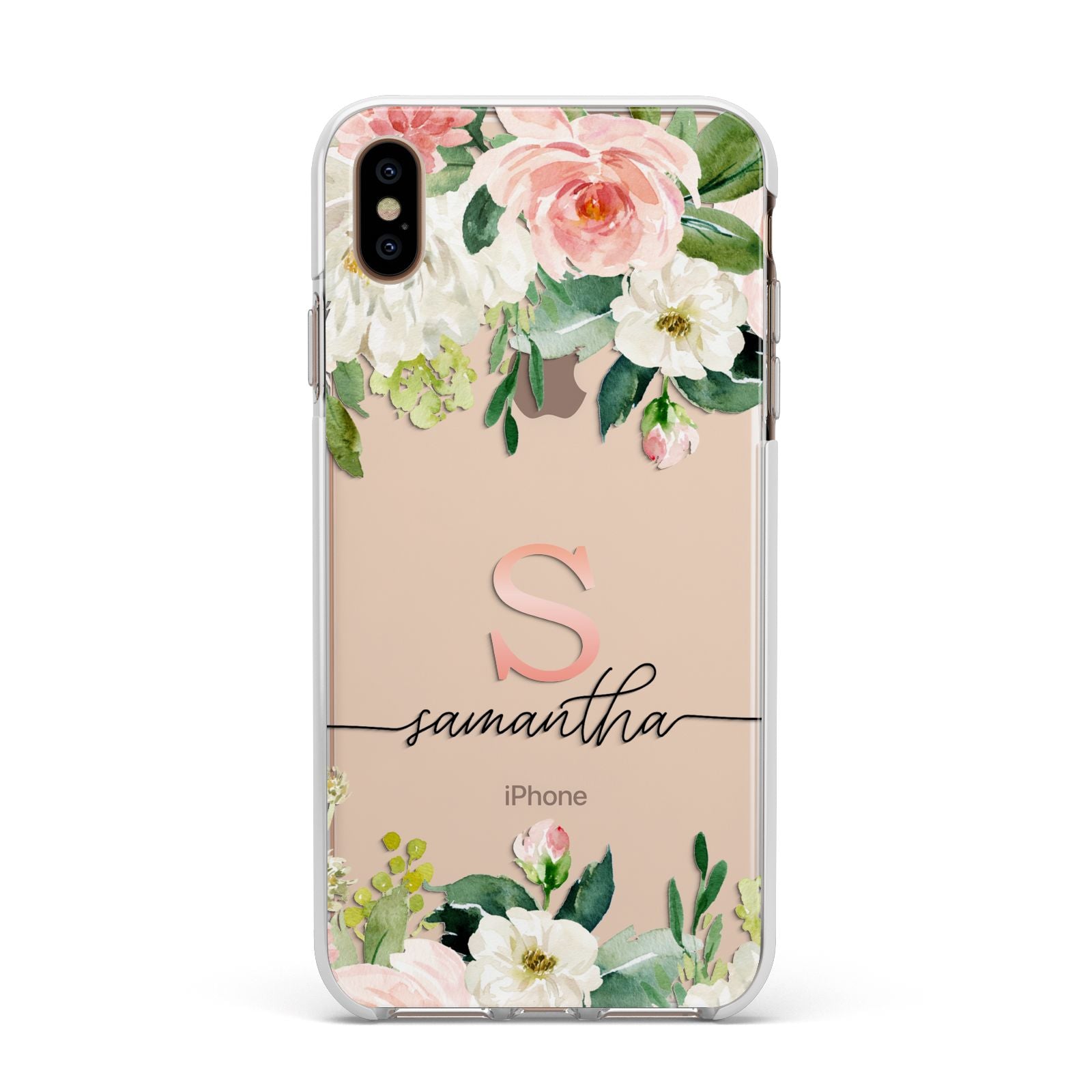 Monogrammed Floral Roses Apple iPhone Xs Max Impact Case White Edge on Gold Phone