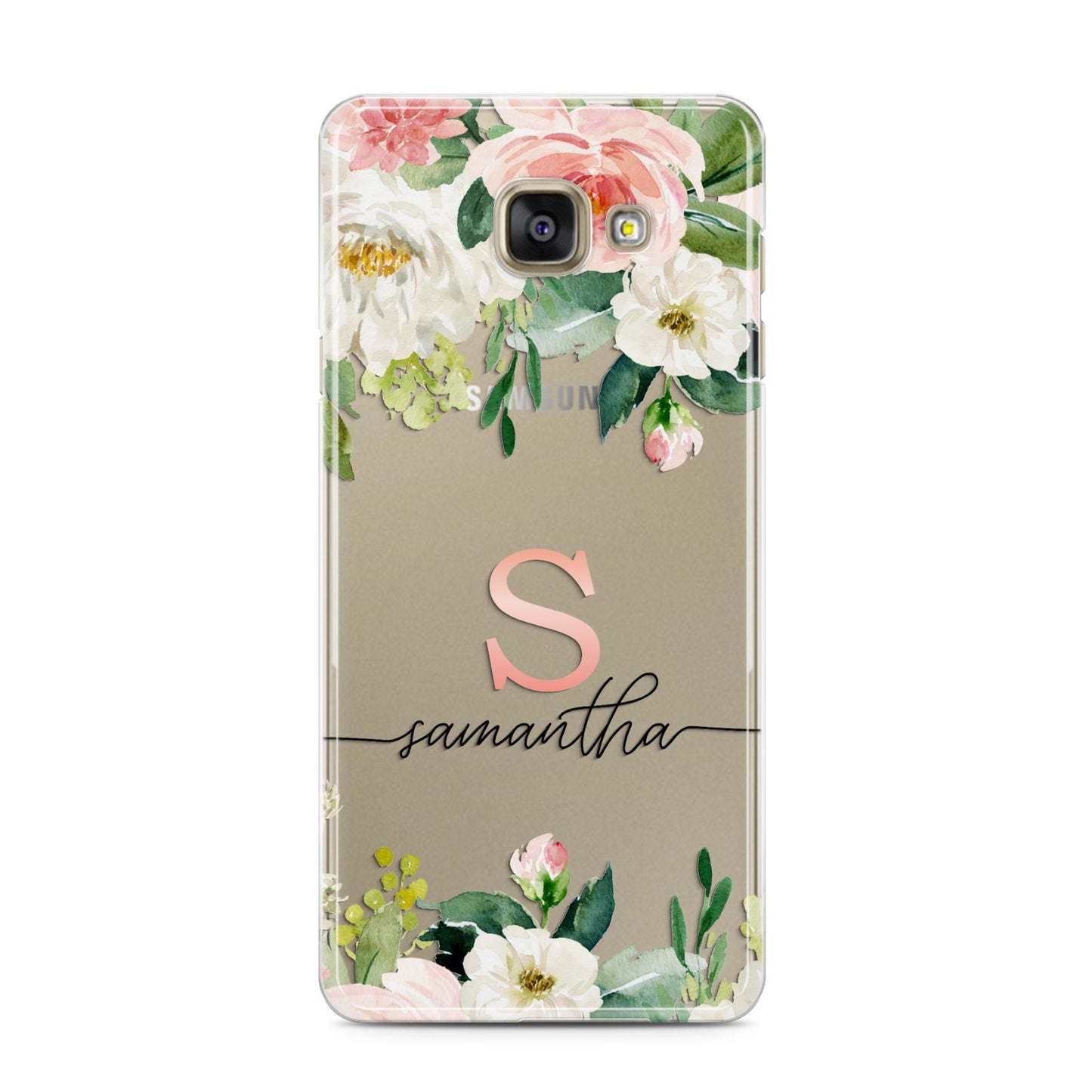 Monogrammed Floral Roses Samsung Galaxy A3 2016 Case on gold phone