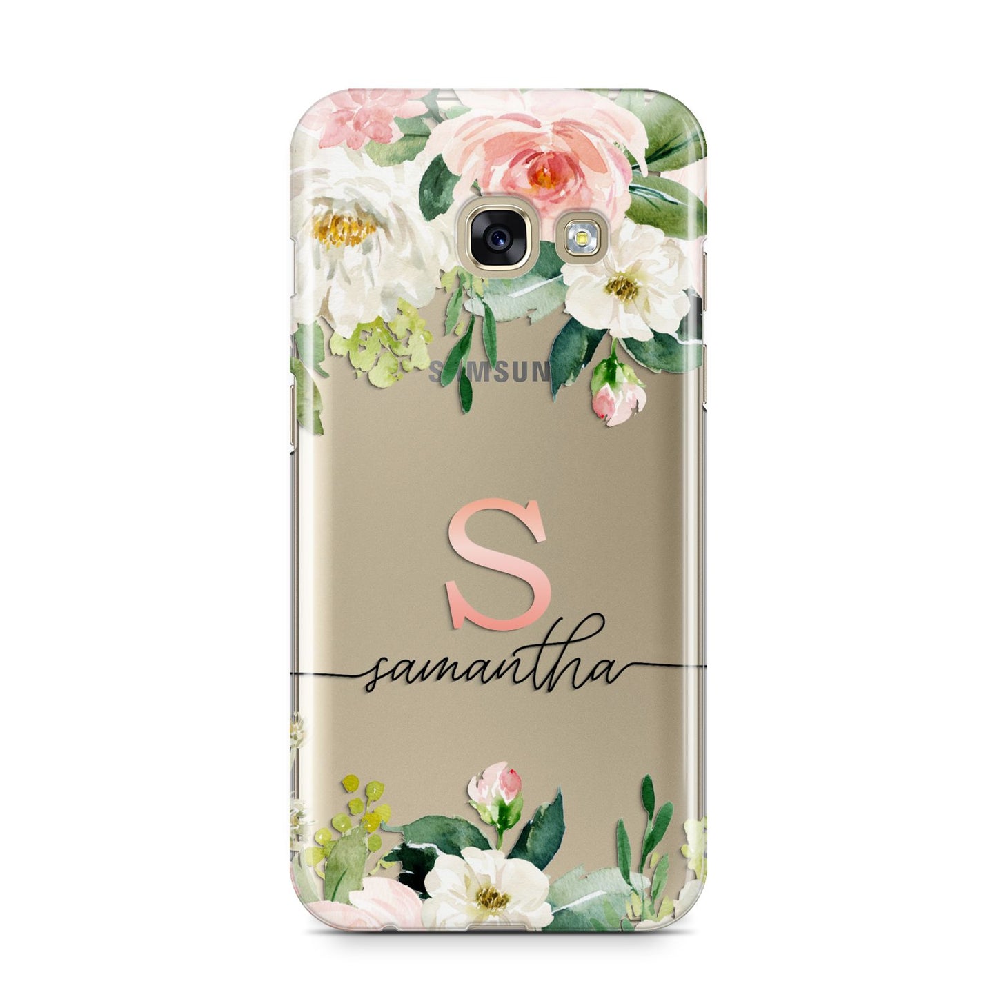 Monogrammed Floral Roses Samsung Galaxy A3 2017 Case on gold phone