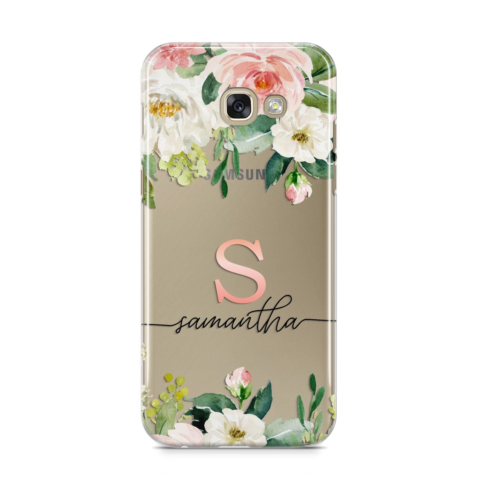 Monogrammed Floral Roses Samsung Galaxy A5 2017 Case on gold phone
