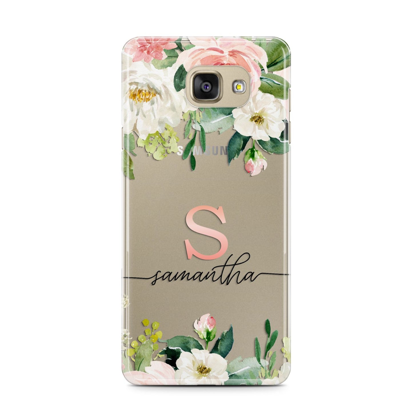 Monogrammed Floral Roses Samsung Galaxy A7 2016 Case on gold phone