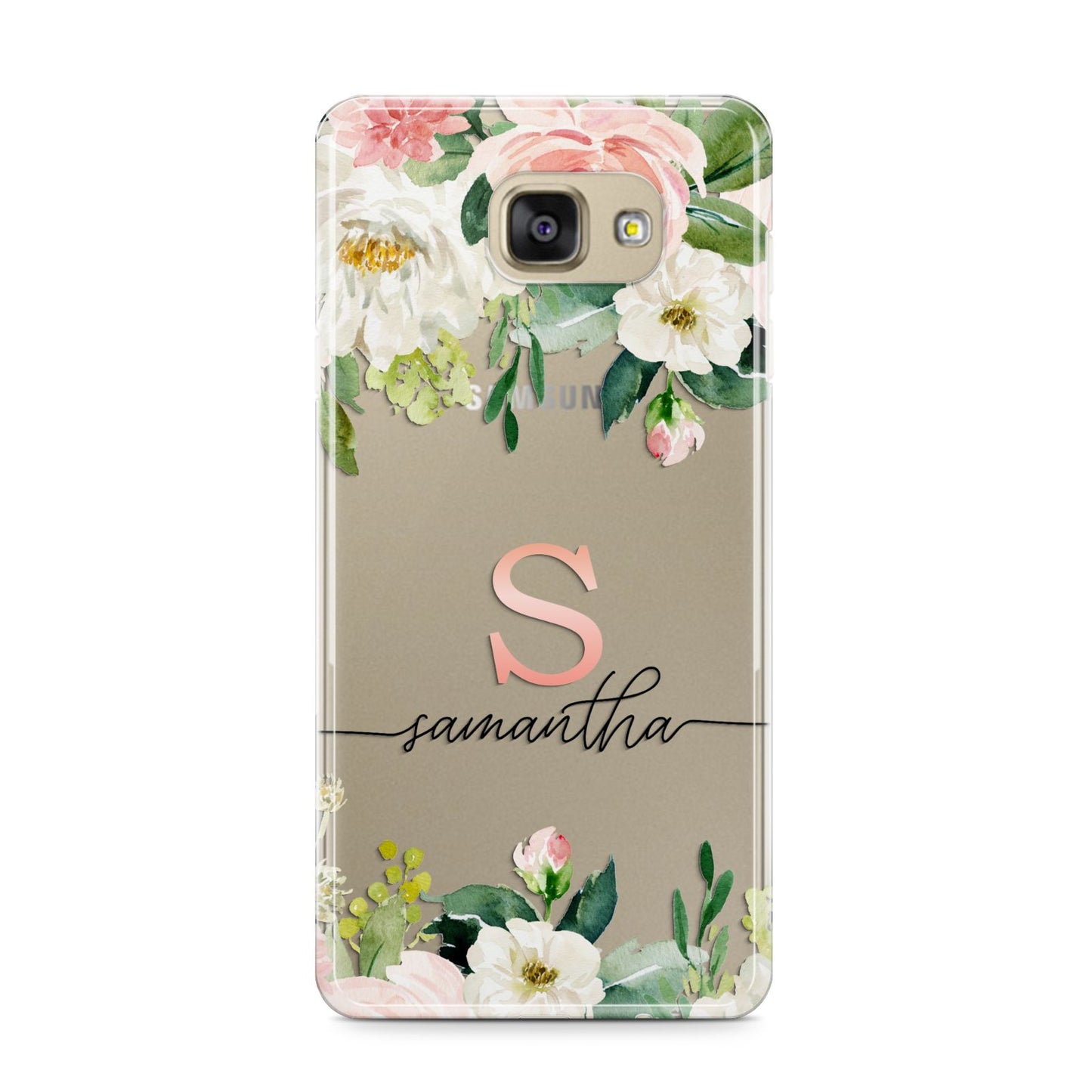 Monogrammed Floral Roses Samsung Galaxy A9 2016 Case on gold phone