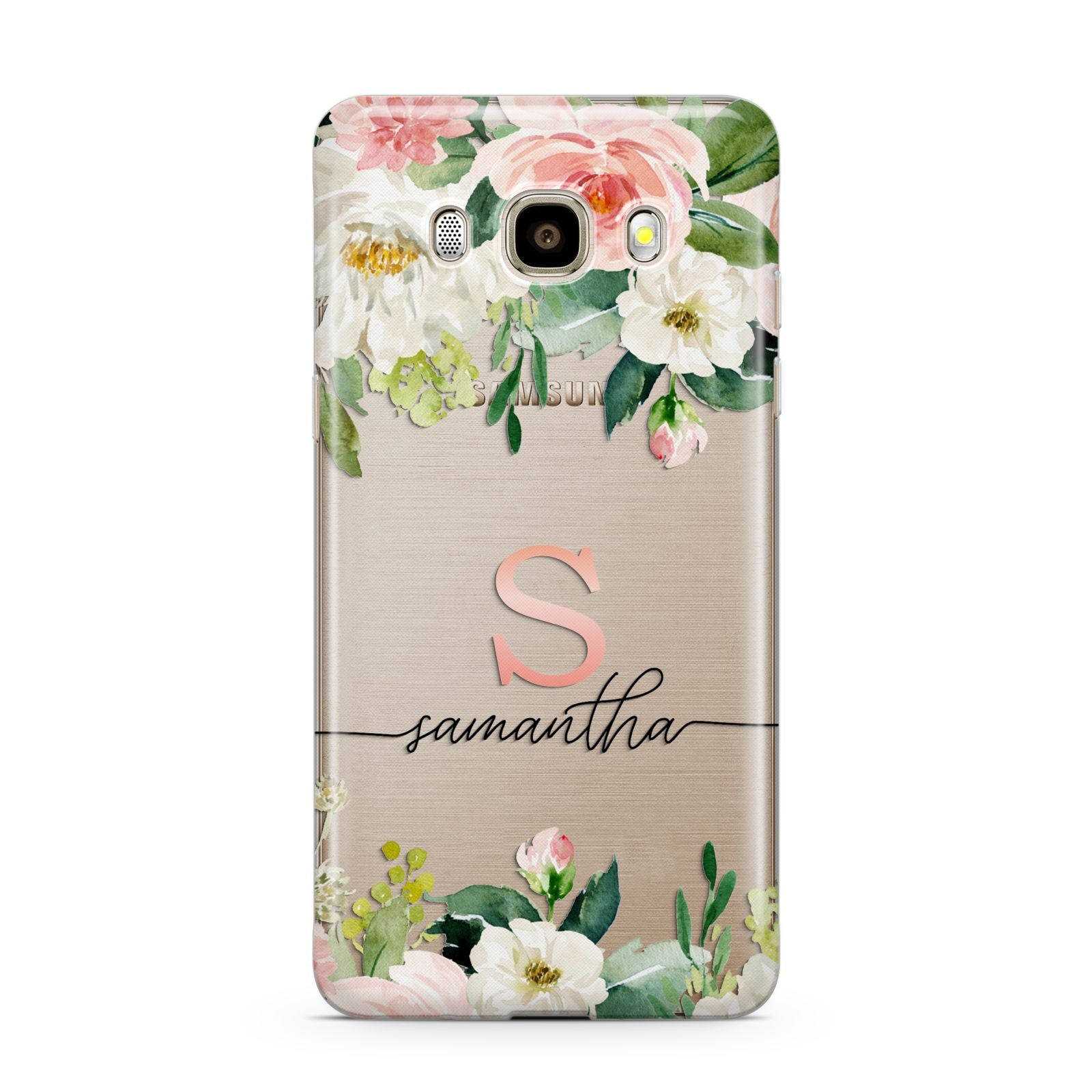 Monogrammed Floral Roses Samsung Galaxy J7 2016 Case on gold phone