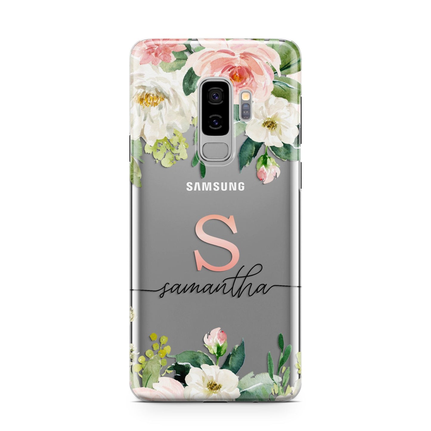Monogrammed Floral Roses Samsung Galaxy S9 Plus Case on Silver phone
