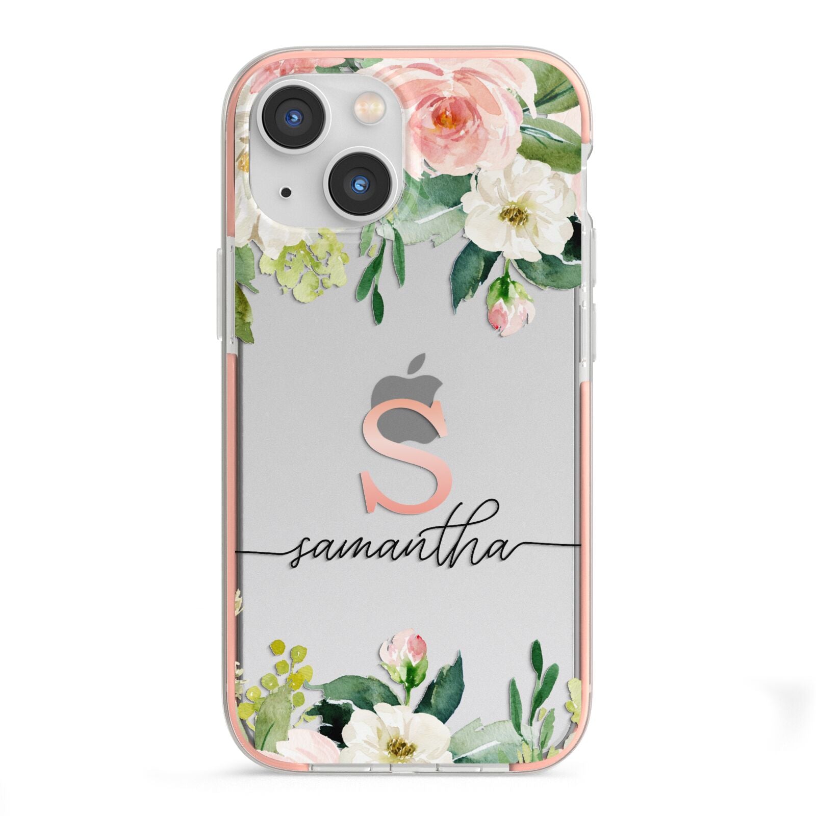Monogrammed Floral Roses iPhone 13 Mini TPU Impact Case with Pink Edges