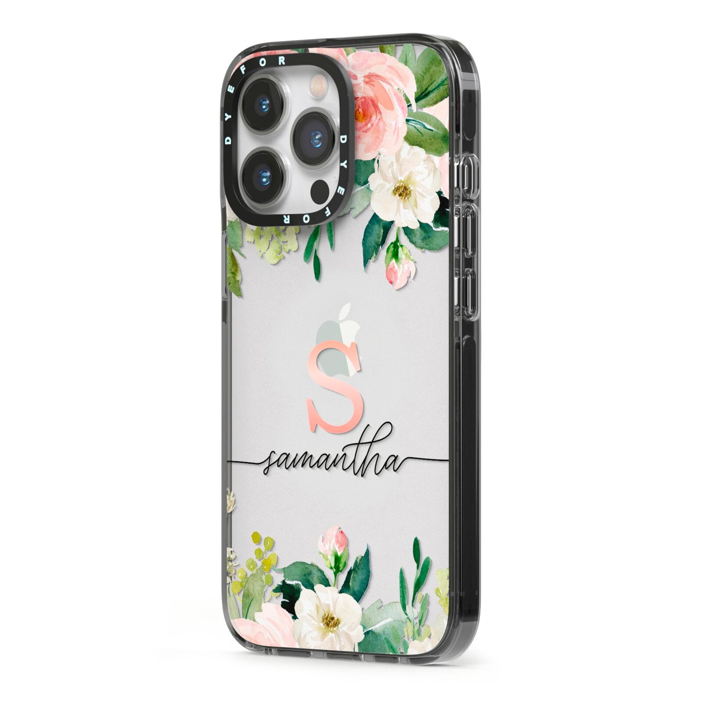 Monogrammed Floral Roses iPhone 13 Pro Black Impact Case Side Angle on Silver phone