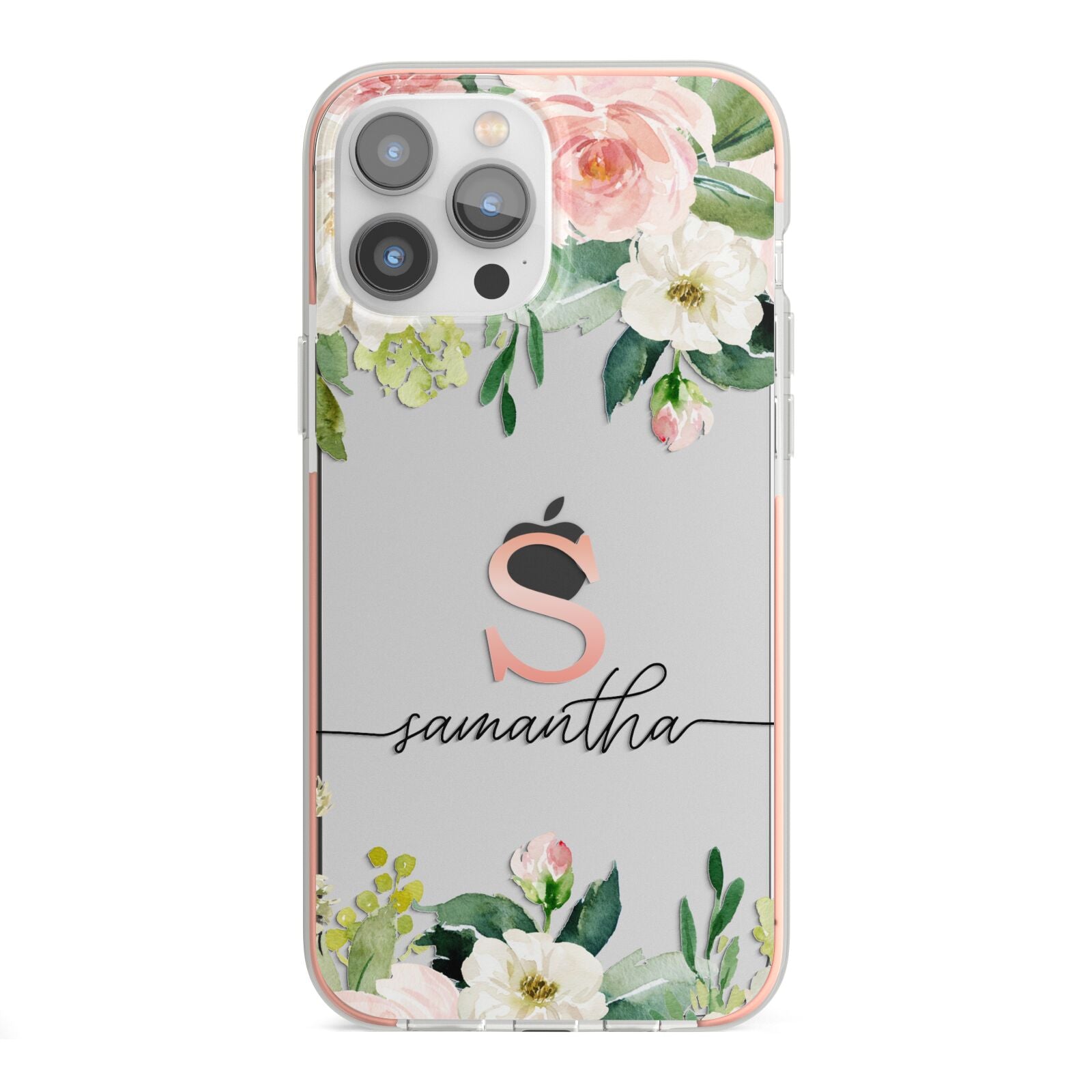 Monogrammed Floral Roses iPhone 13 Pro Max TPU Impact Case with Pink Edges