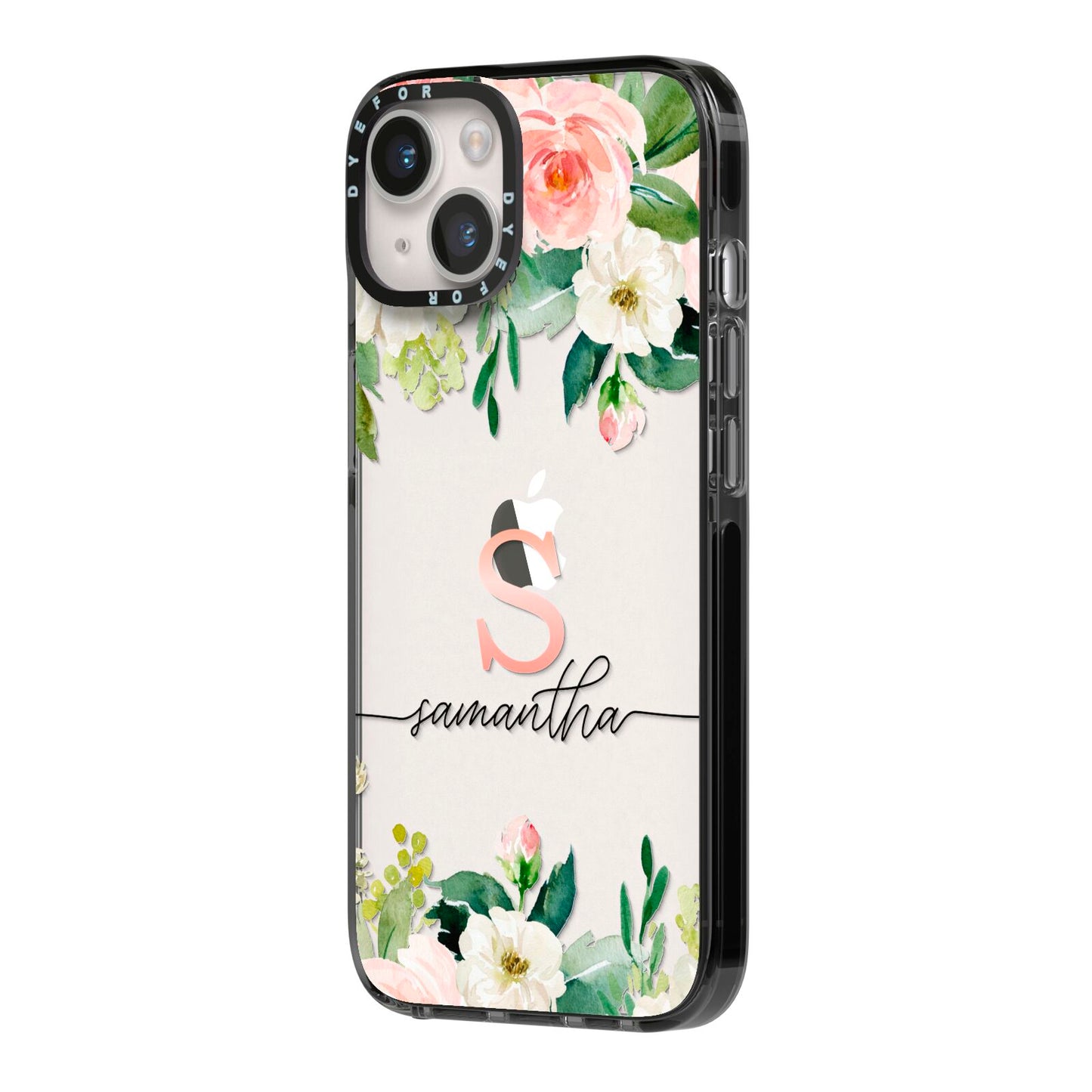 Monogrammed Floral Roses iPhone 14 Black Impact Case Side Angle on Silver phone