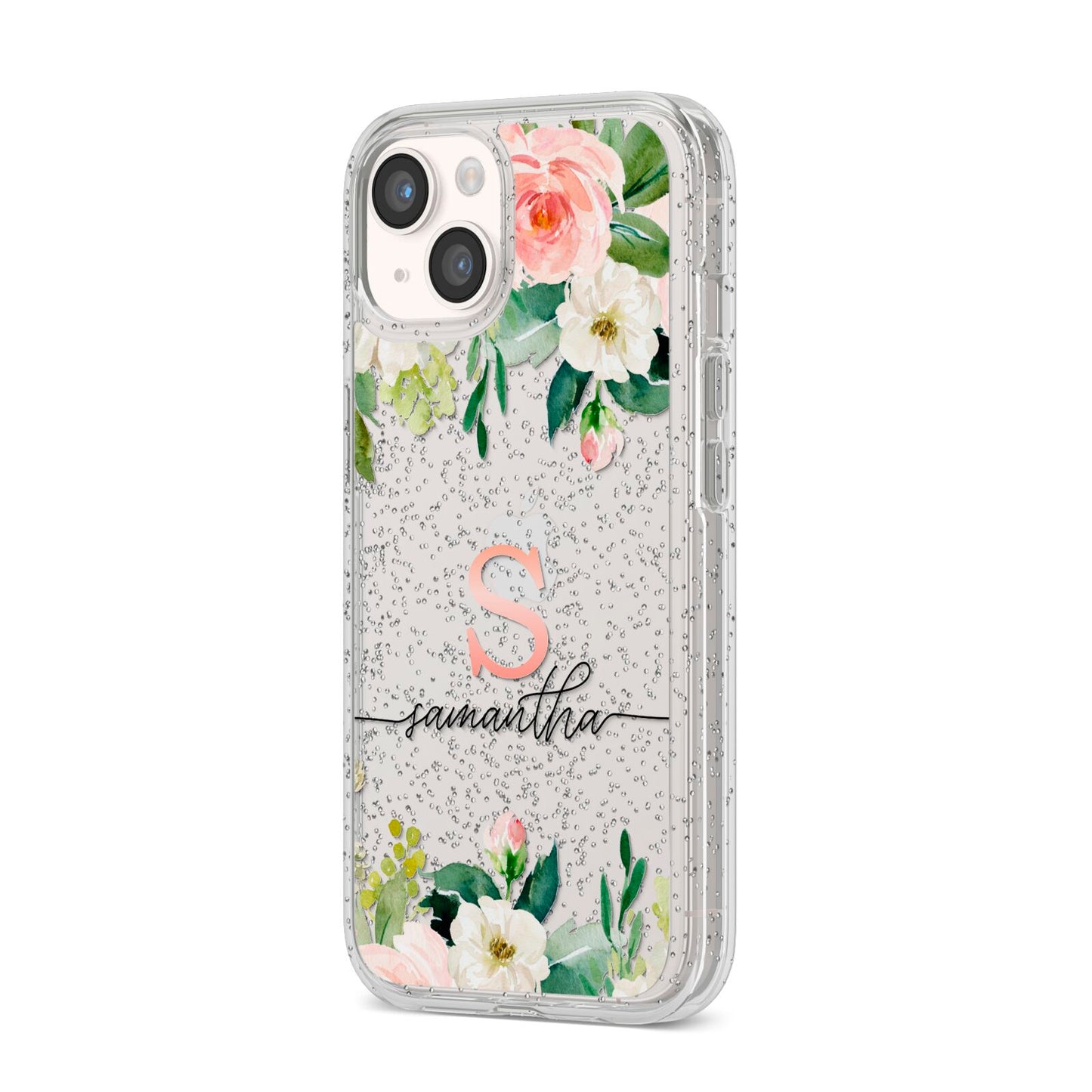 Monogrammed Floral Roses iPhone 14 Glitter Tough Case Starlight Angled Image