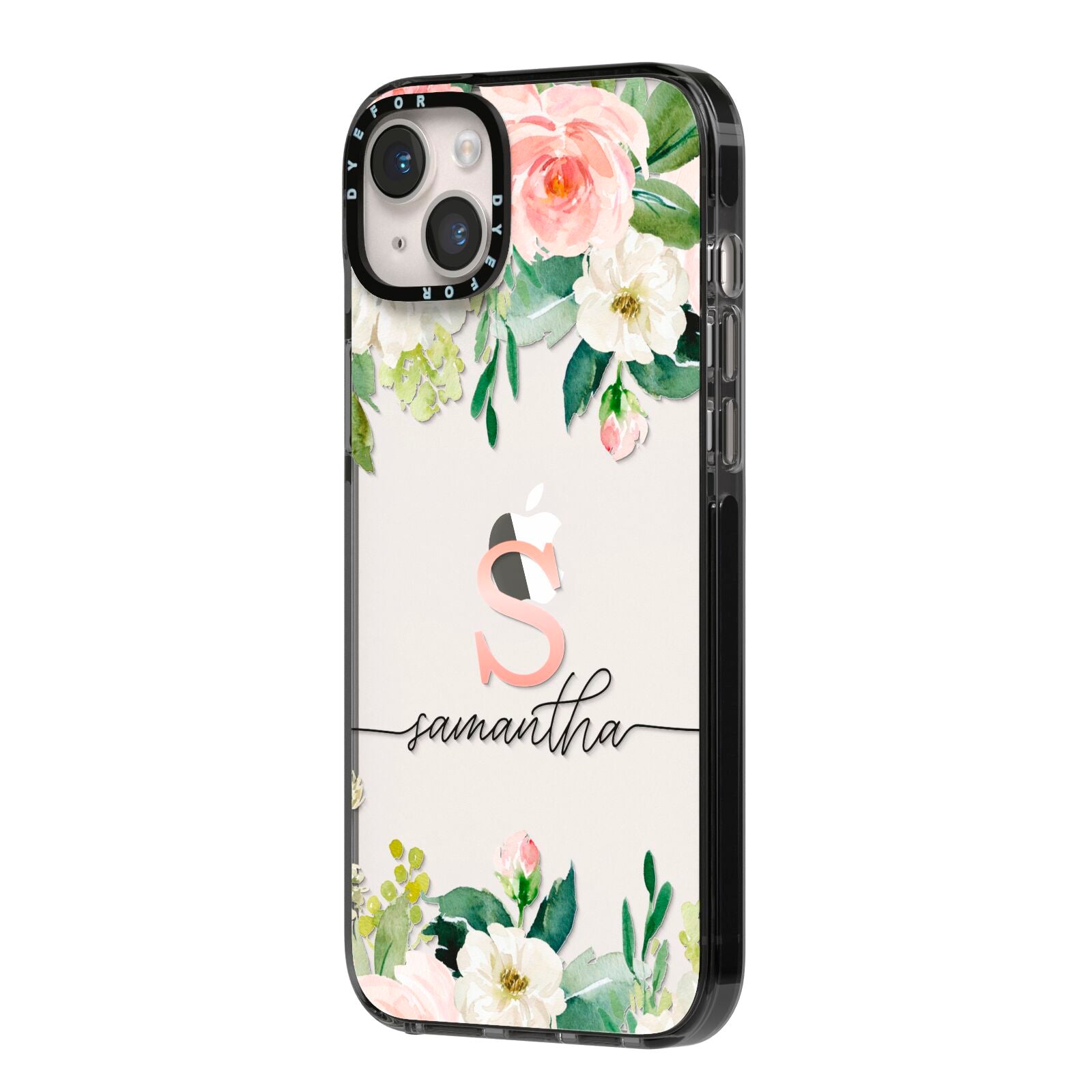 Monogrammed Floral Roses iPhone 14 Plus Black Impact Case Side Angle on Silver phone