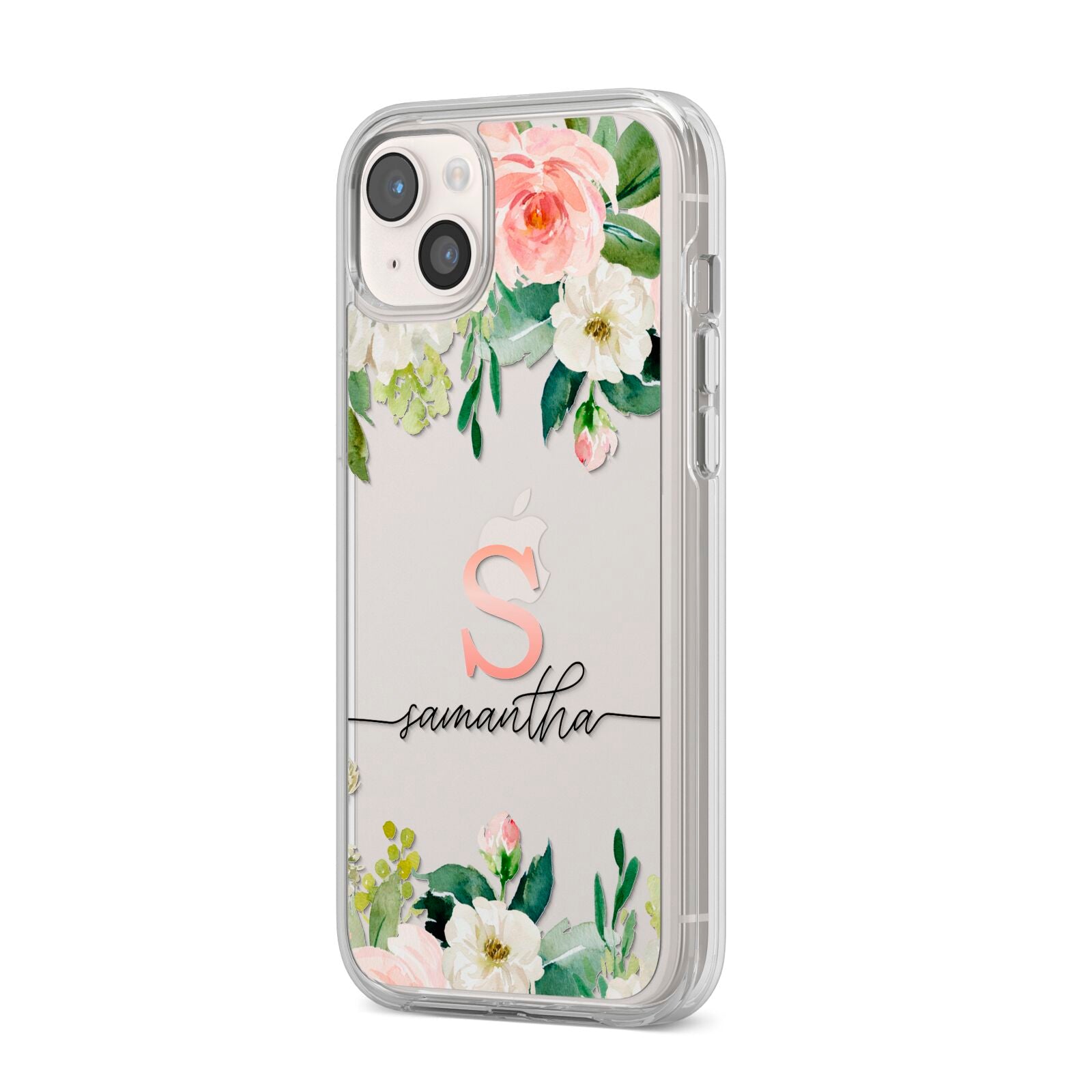 Monogrammed Floral Roses iPhone 14 Plus Clear Tough Case Starlight Angled Image