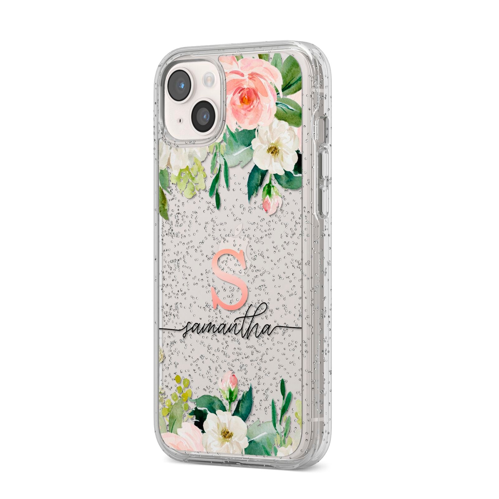 Monogrammed Floral Roses iPhone 14 Plus Glitter Tough Case Starlight Angled Image