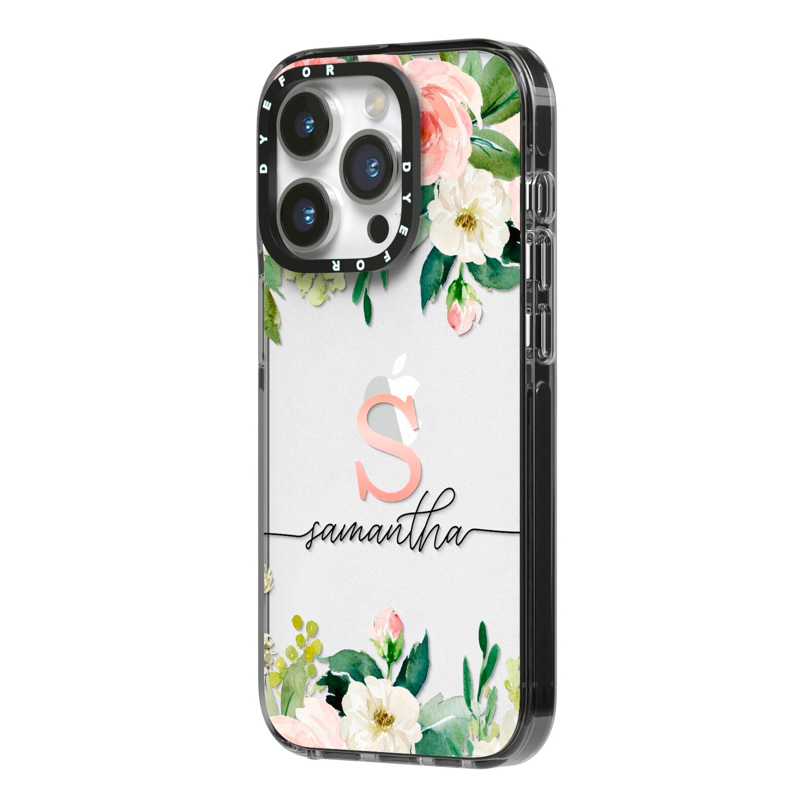 Monogrammed Floral Roses iPhone 14 Pro Black Impact Case Side Angle on Silver phone