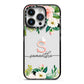 Monogrammed Floral Roses iPhone 14 Pro Black Impact Case on Silver phone