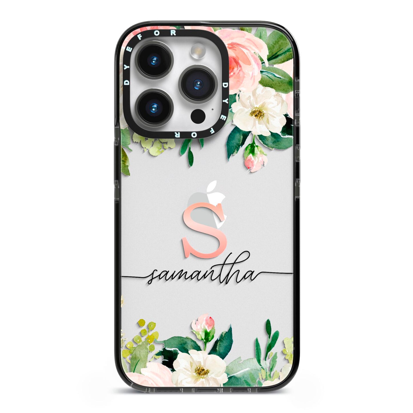 Monogrammed Floral Roses iPhone 14 Pro Black Impact Case on Silver phone