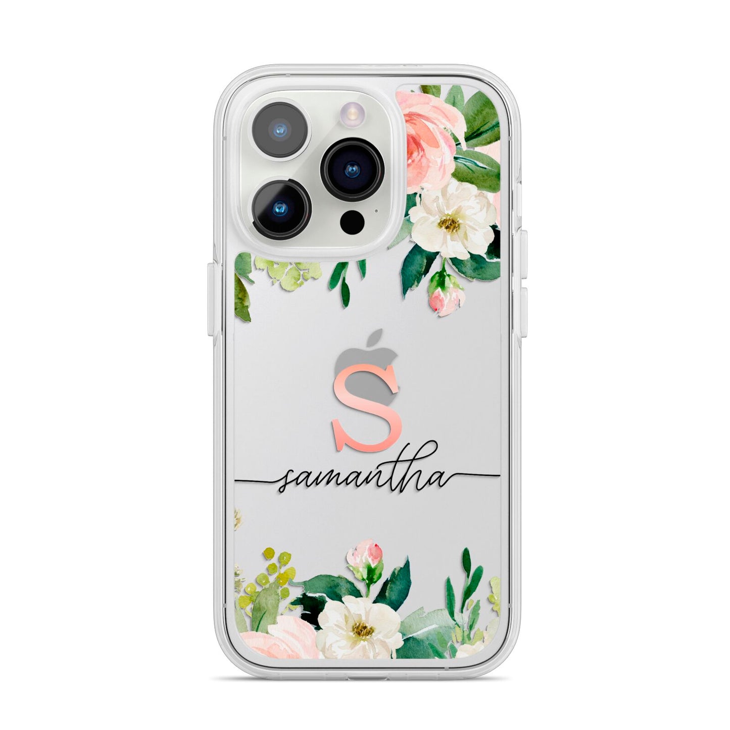 Monogrammed Floral Roses iPhone 14 Pro Clear Tough Case Silver