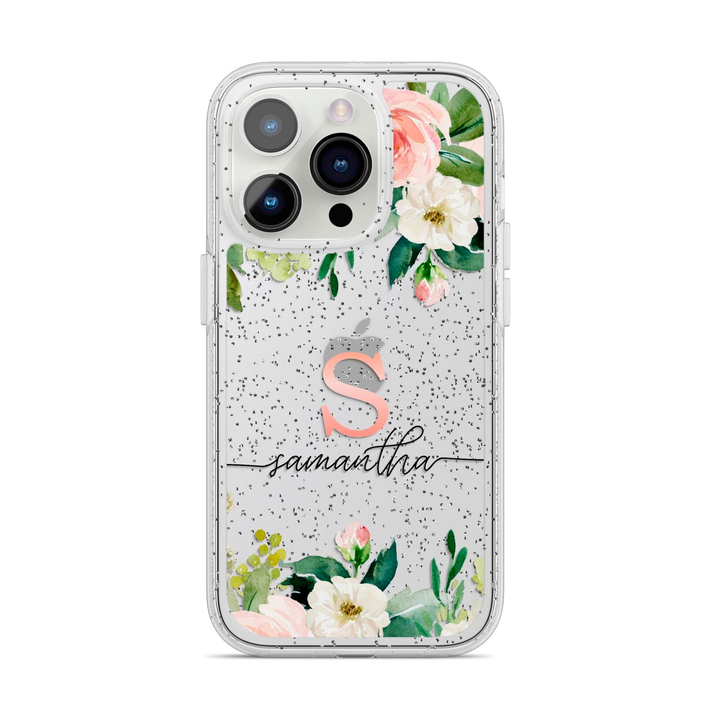 Monogrammed Floral Roses iPhone 14 Pro Glitter Tough Case Silver