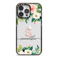 Monogrammed Floral Roses iPhone 14 Pro Max Black Impact Case on Silver phone
