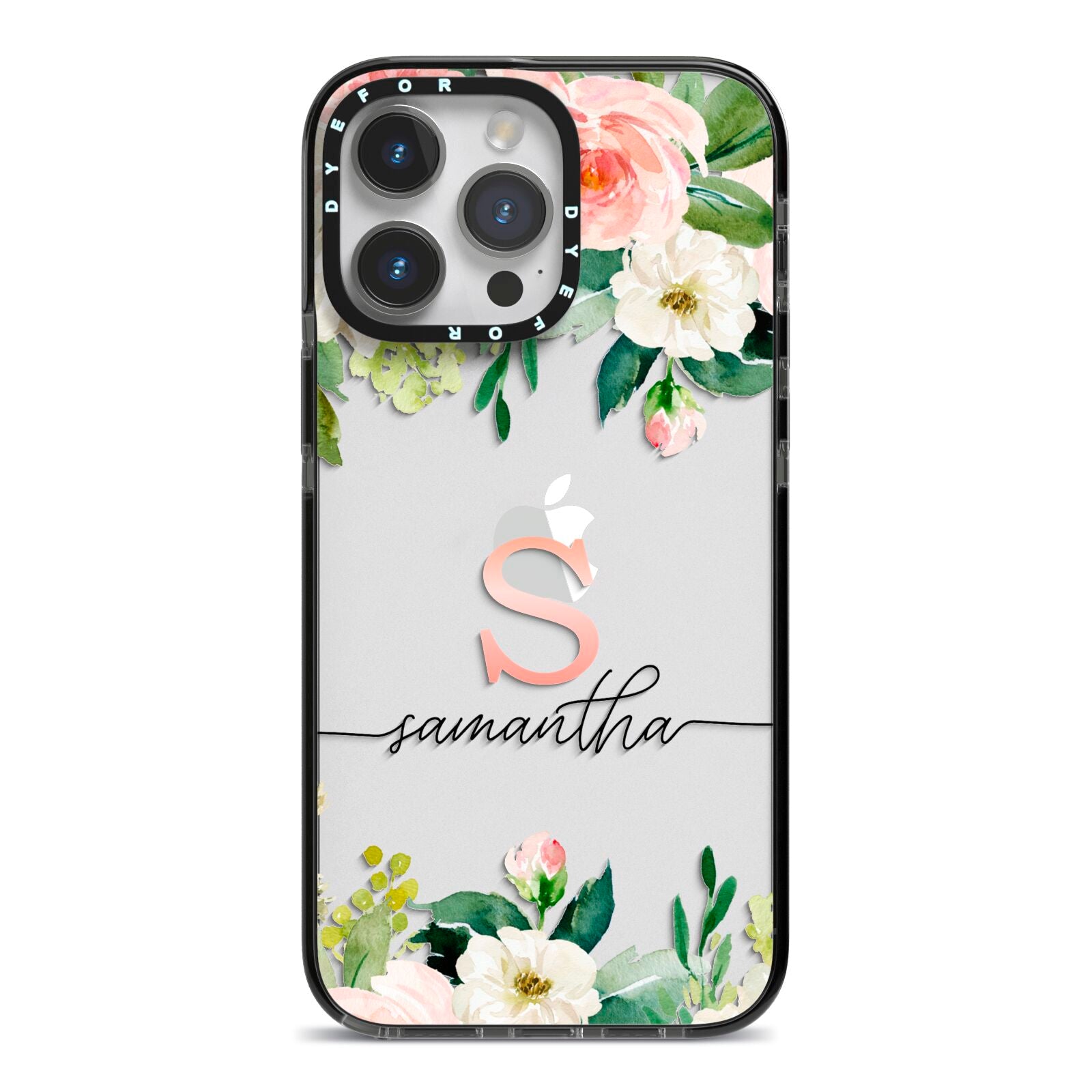 Monogrammed Floral Roses iPhone 14 Pro Max Black Impact Case on Silver phone