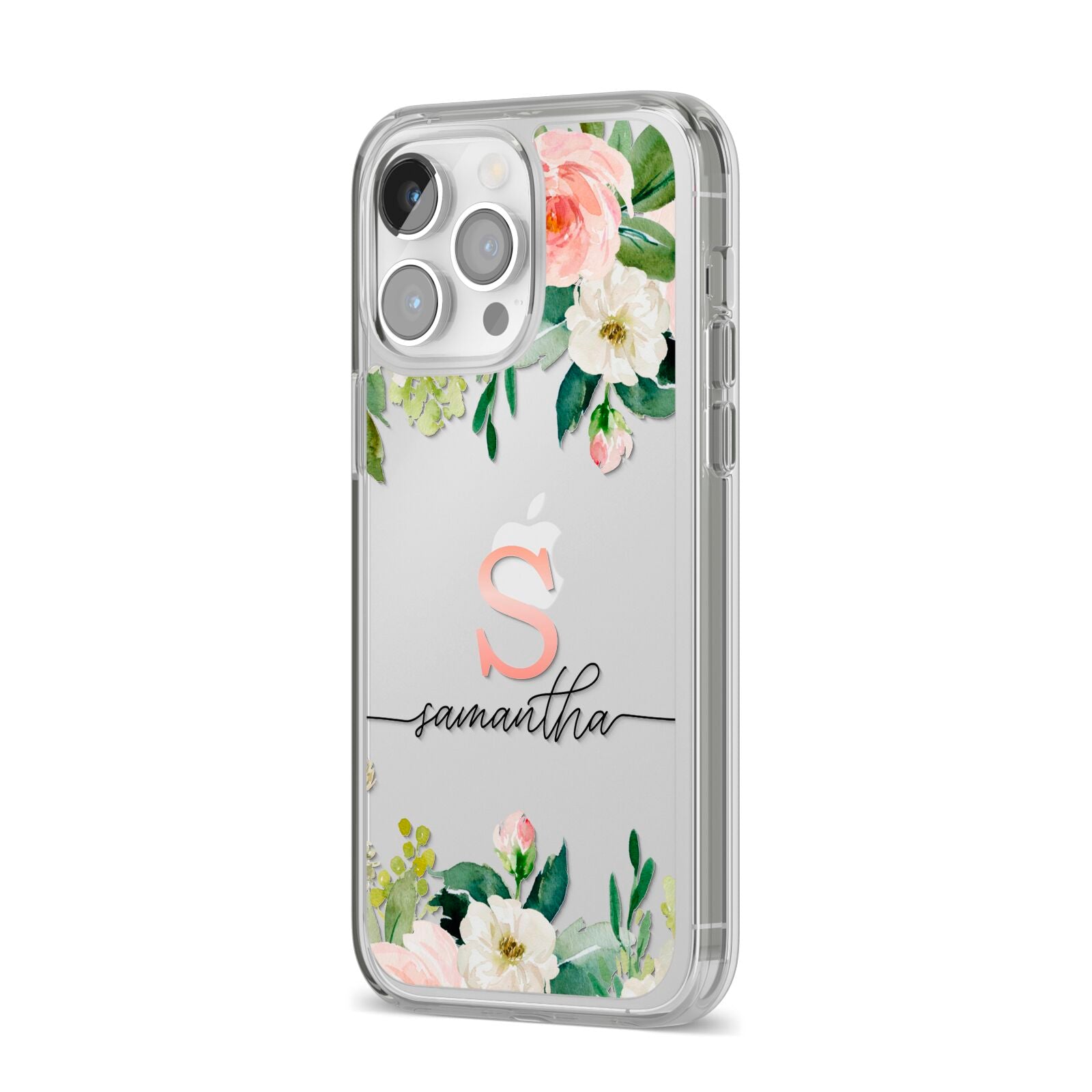 Monogrammed Floral Roses iPhone 14 Pro Max Clear Tough Case Silver Angled Image