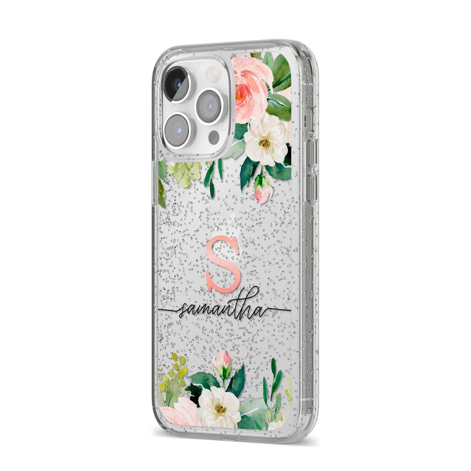Monogrammed Floral Roses iPhone 14 Pro Max Glitter Tough Case Silver Angled Image