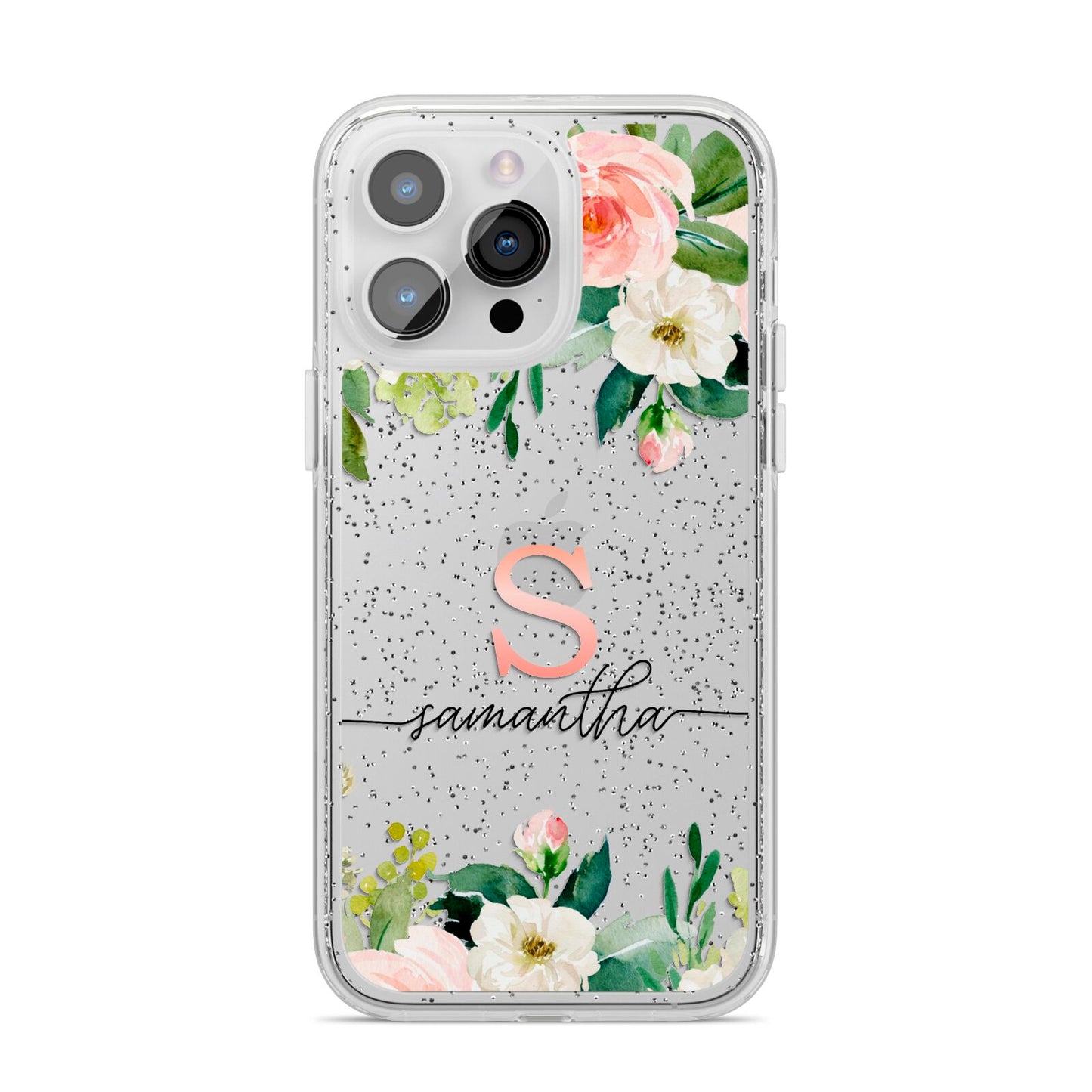Monogrammed Floral Roses iPhone 14 Pro Max Glitter Tough Case Silver
