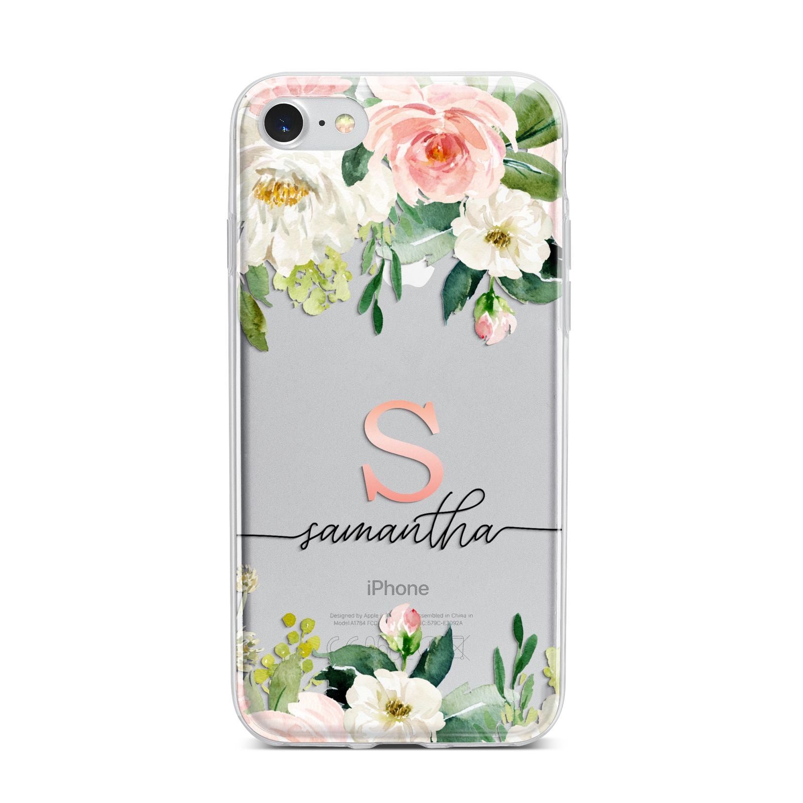 Monogrammed Floral Roses iPhone 7 Bumper Case on Silver iPhone