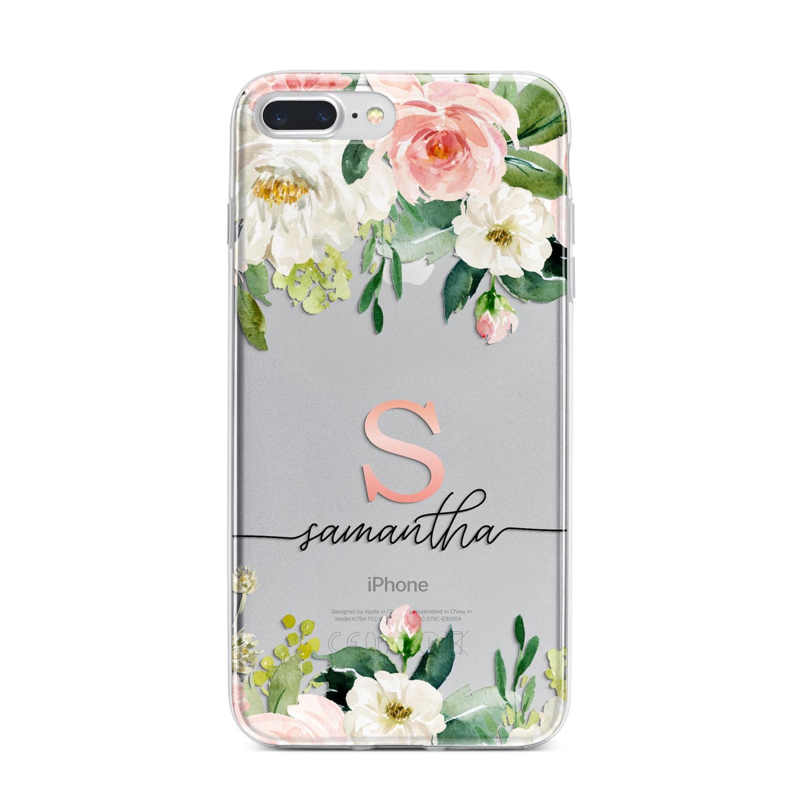 Monogrammed Floral Roses iPhone 7 Plus Bumper Case on Silver iPhone