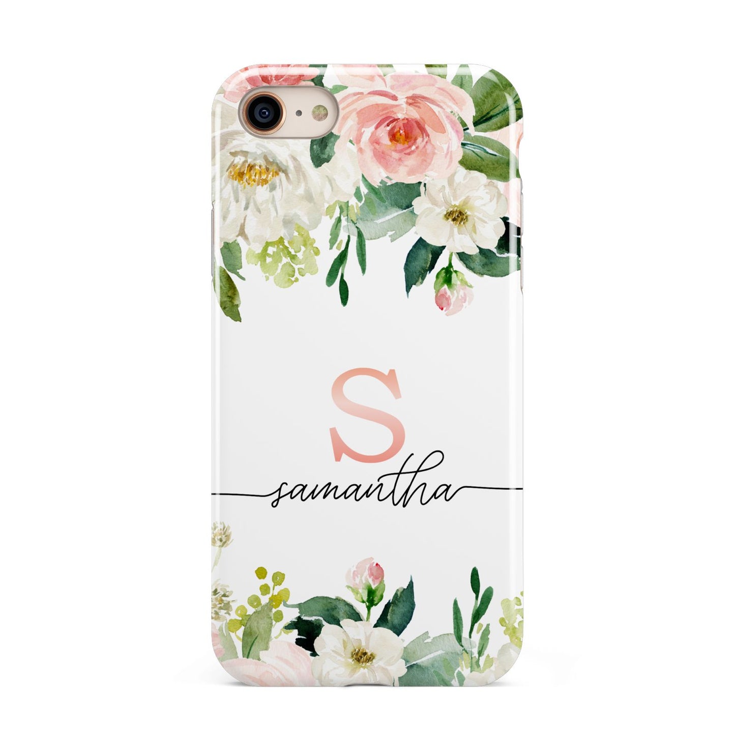 Monogrammed Floral Roses iPhone 8 3D Tough Case on Gold Phone