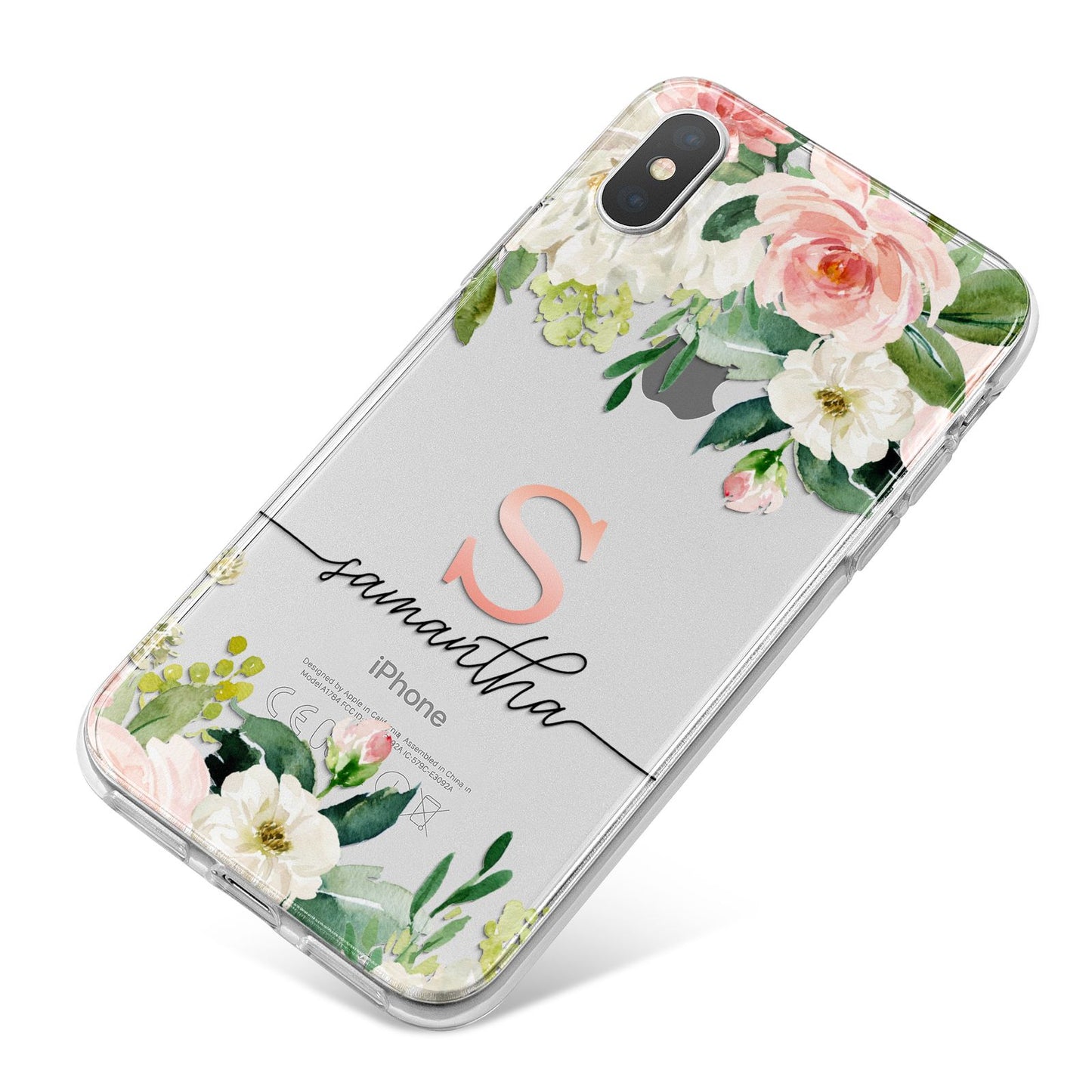 Monogrammed Floral Roses iPhone X Bumper Case on Silver iPhone
