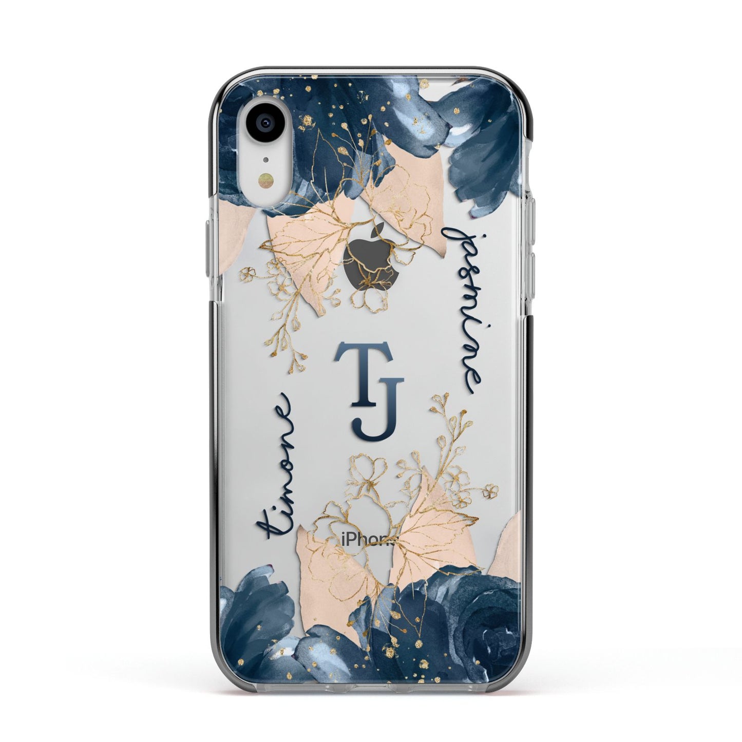 Monogrammed Florals Apple iPhone XR Impact Case Black Edge on Silver Phone