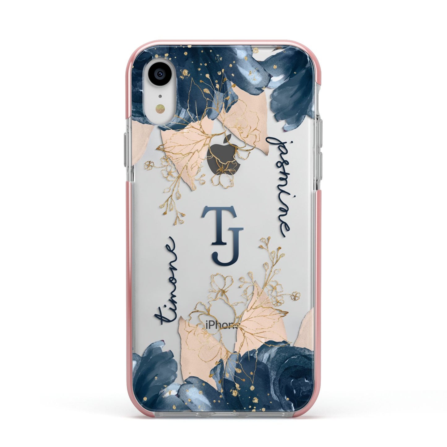 Monogrammed Florals Apple iPhone XR Impact Case Pink Edge on Silver Phone
